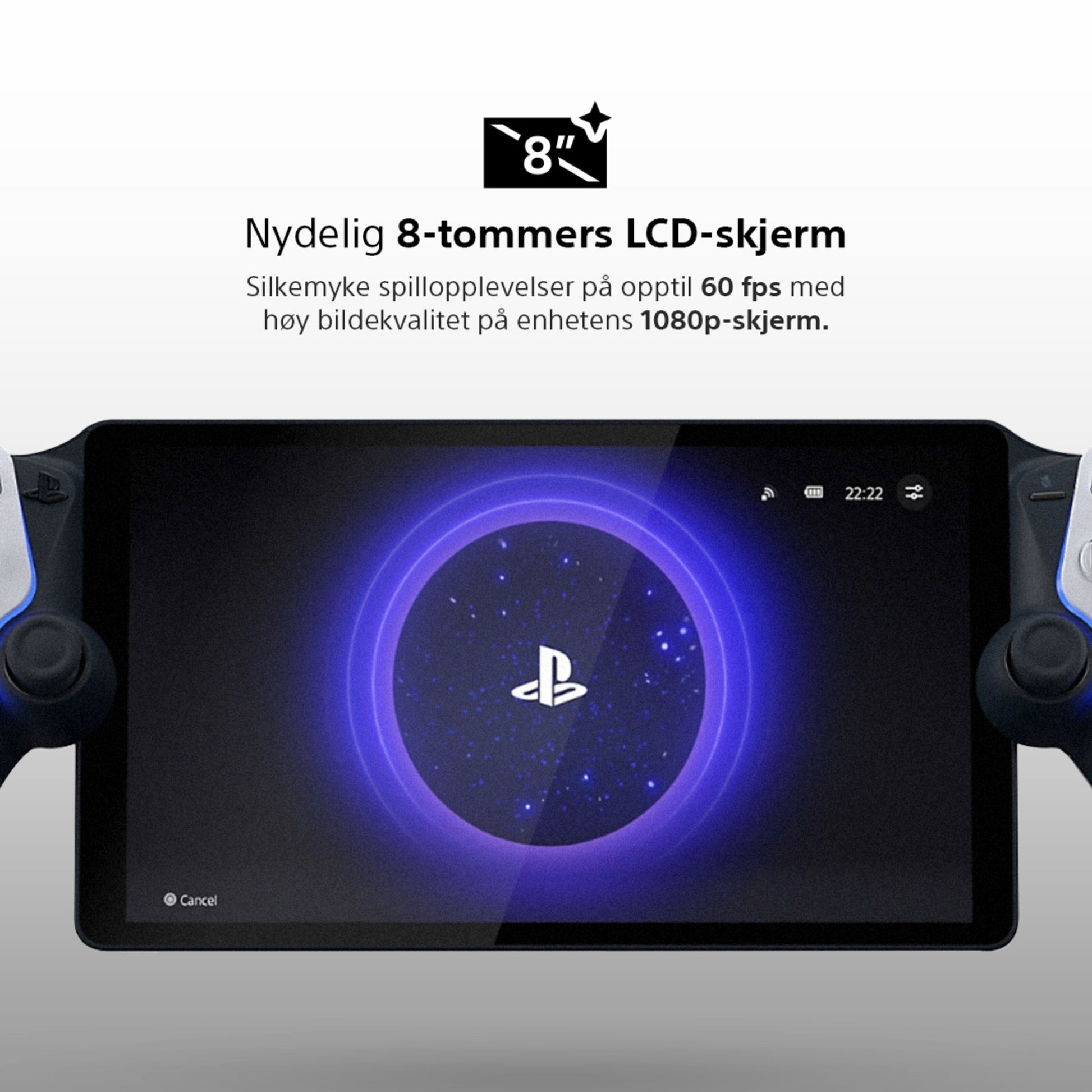 Sony PlayStation Portal Fjernspiller 8" LCD håndholdt, PlayStation-logo på skærm, norsk tekst: fjernspil, 60 fps, 1080p PS5.