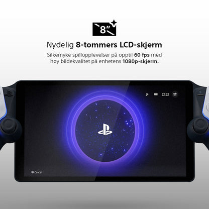 Sony PlayStation Portal Fjernspiller 8" LCD håndholdt, PlayStation-logo på skærm, norsk tekst: fjernspil, 60 fps, 1080p PS5.