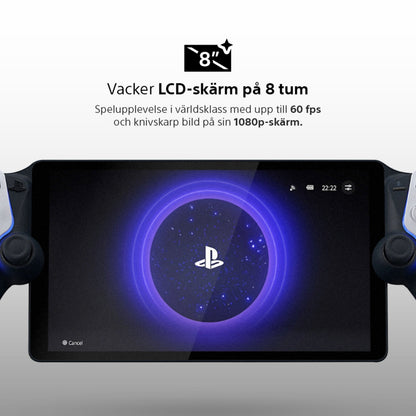 Sony Playstation Portal Fjernspiller med 8" LCD, PlayStation-logo på skærm, påsat controllere, svensk tekst om fjernspil.