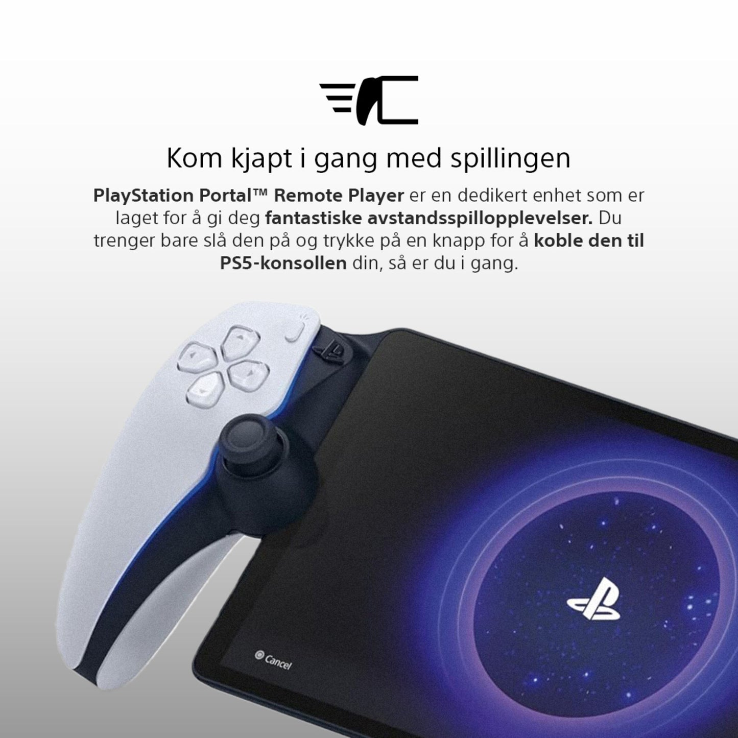 Sony PlayStation Portal Fjernspiller ved siden af tablet med PlayStation-logo og norske instruktioner til PS5 Remote Play.
