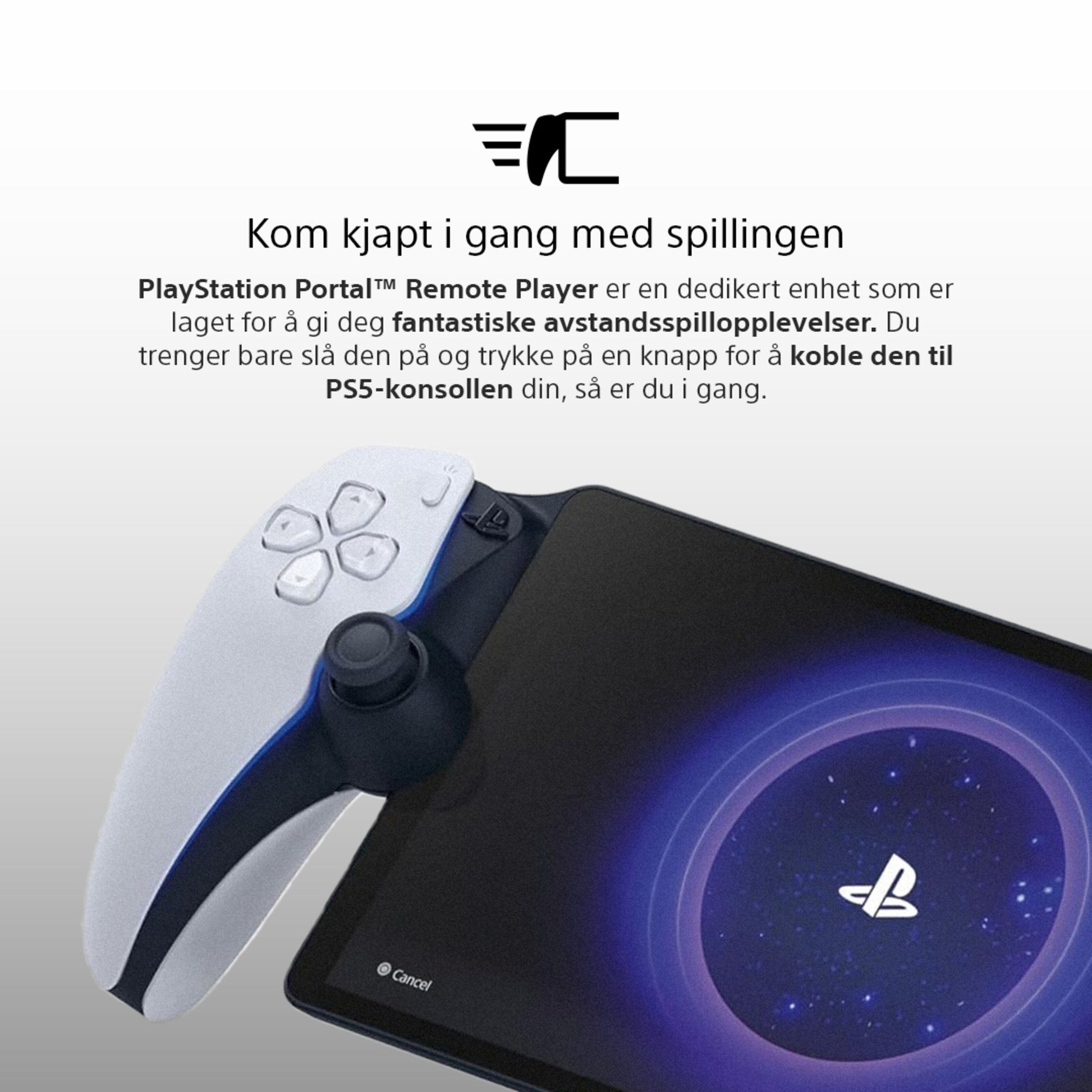 Sony PlayStation Portal Fjernspiller ved siden af tablet med PlayStation-logo og norske instruktioner til PS5 Remote Play.
