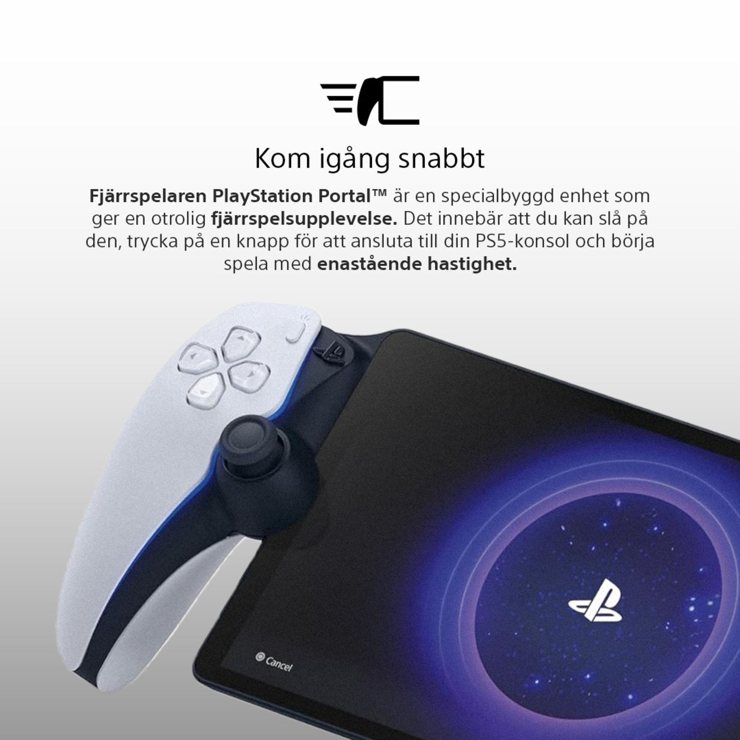 PlayStation controller på tablet med PlayStation-logo og svensk tekst om opsætning af PlayStation Portal Fjernspiller.