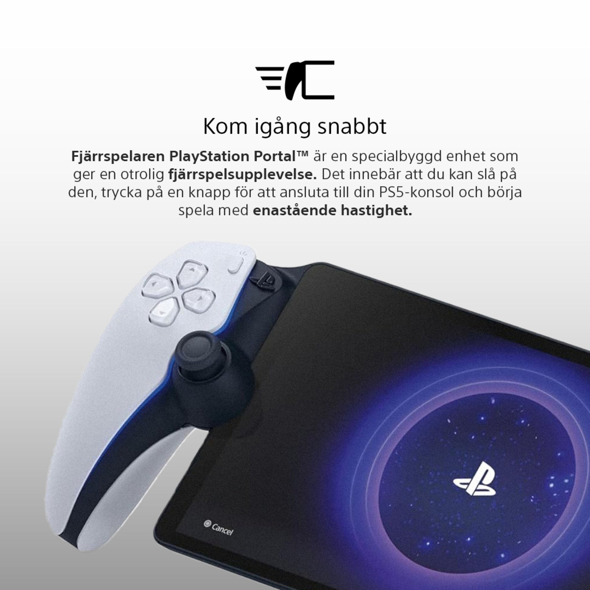 PlayStation controller på tablet med PlayStation-logo og svensk tekst om opsætning af PlayStation Portal Fjernspiller.