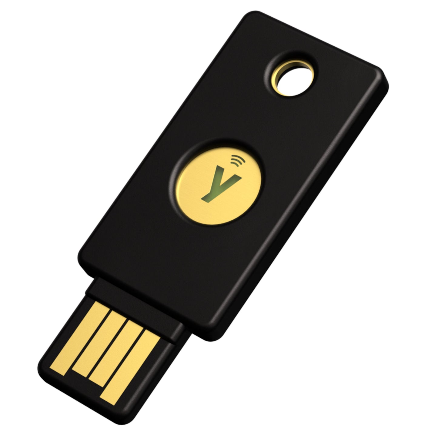 Yubico Sikkerhedsnøgle NFC USB-A, sort med guldfarvet Y-symbol knap, understøtter FIDO2 og to-faktor autentificering.