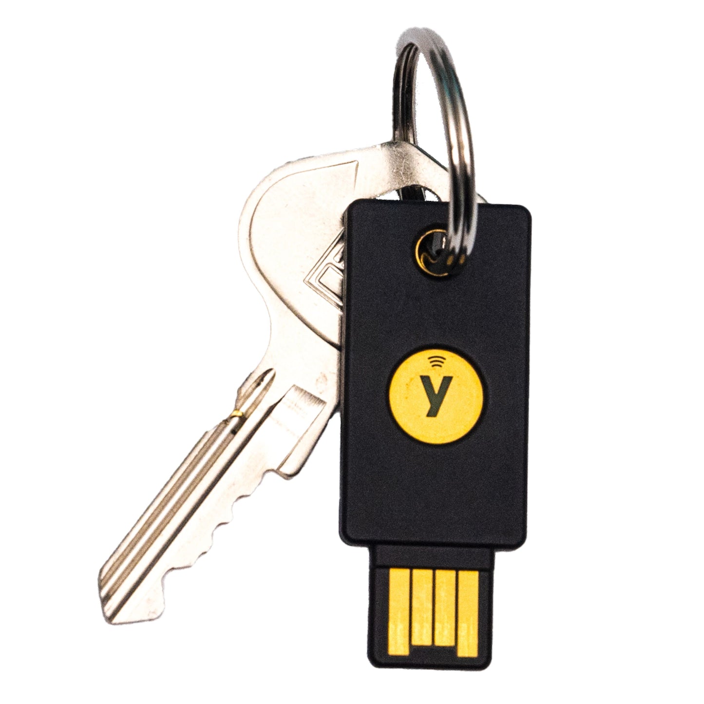 Yubico Sikkerhedsnøgle NFC USB-A med gul cirkel og Y-logo samt metalhusnøgle samlet på nøglering.