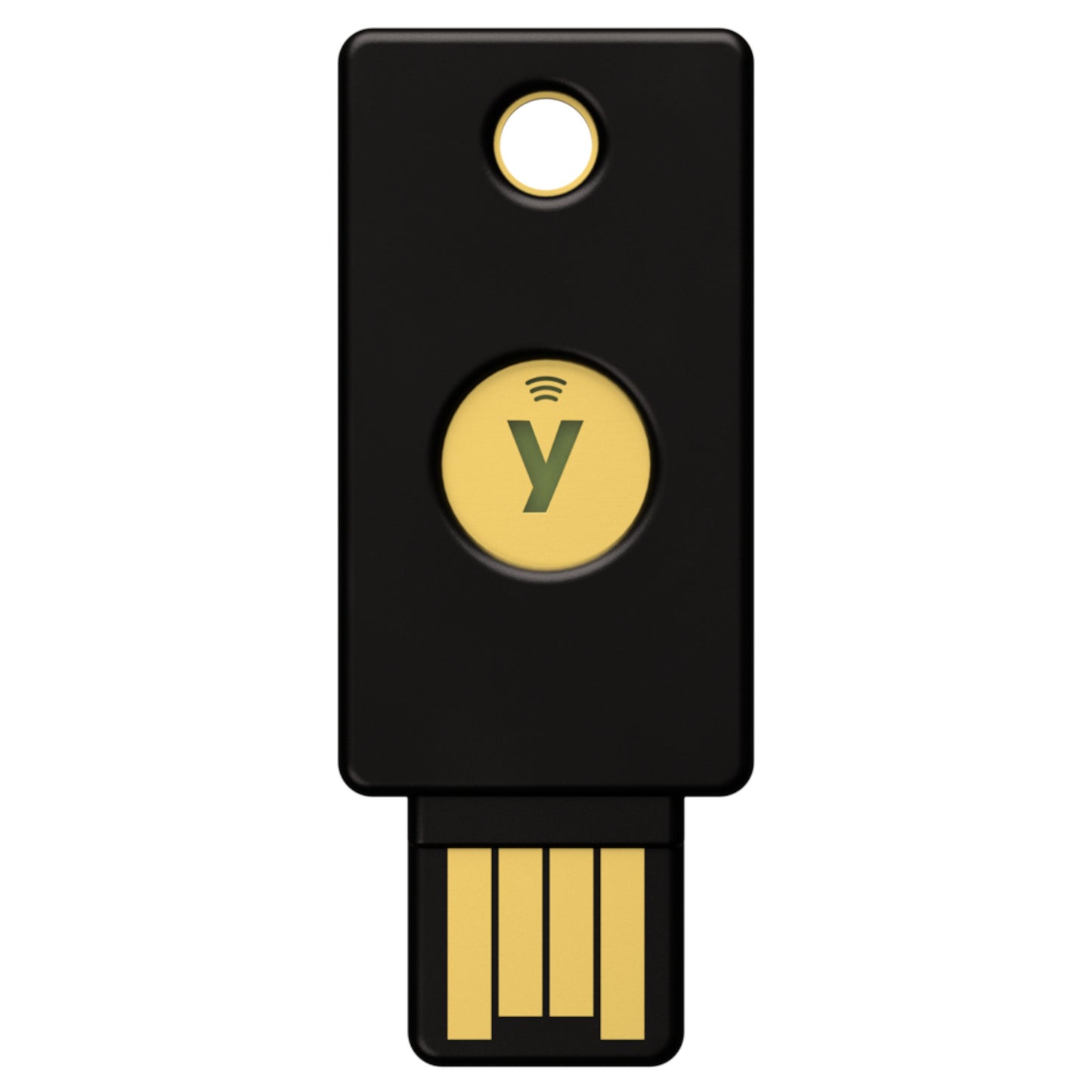 Yubico Sikkerhedsnøgle NFC USB-A, sort med guldfarvet touchknap, y-logo, nøgleringhul og USB-A stik FIDO2.