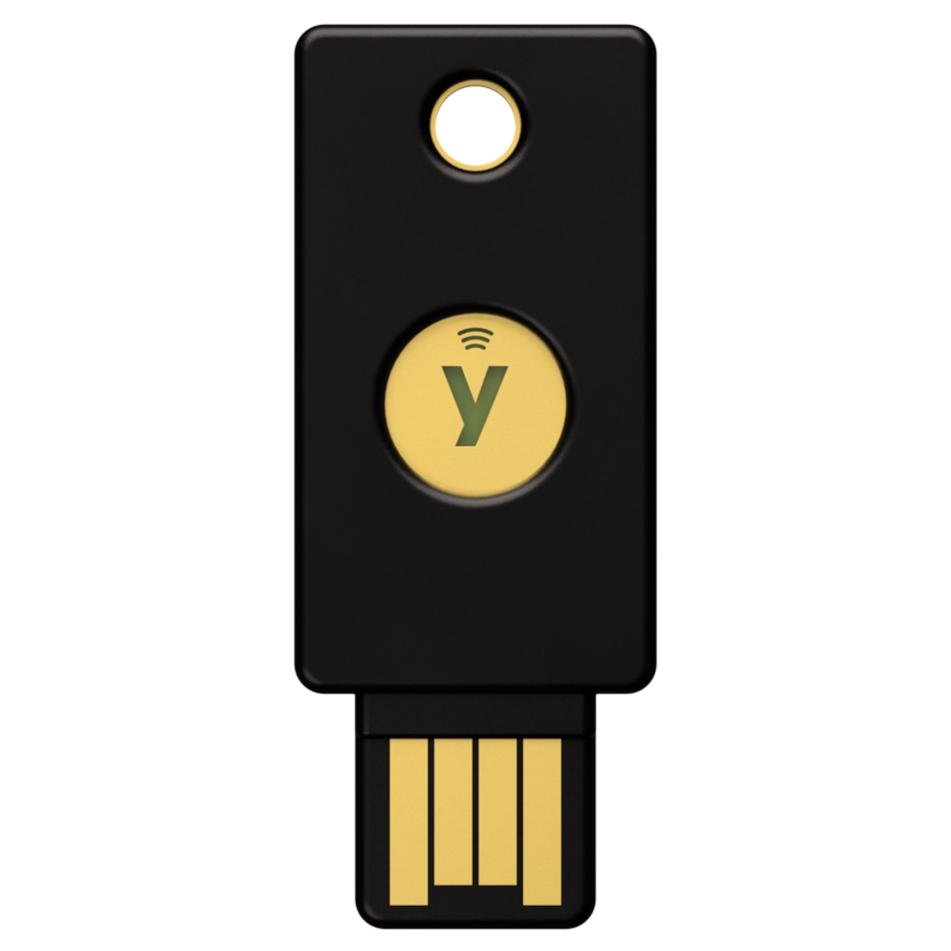 Yubico Sikkerhedsnøgle NFC USB-A, sort med guldfarvet touchknap, y-logo, nøgleringhul og USB-A stik FIDO2.