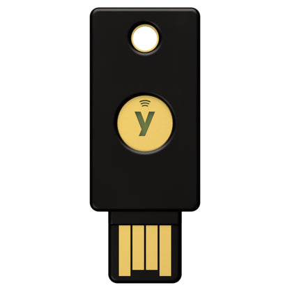 Yubico Sikkerhedsnøgle NFC USB-A, sort med guldfarvet touchknap, y-logo, nøgleringhul og USB-A stik FIDO2.