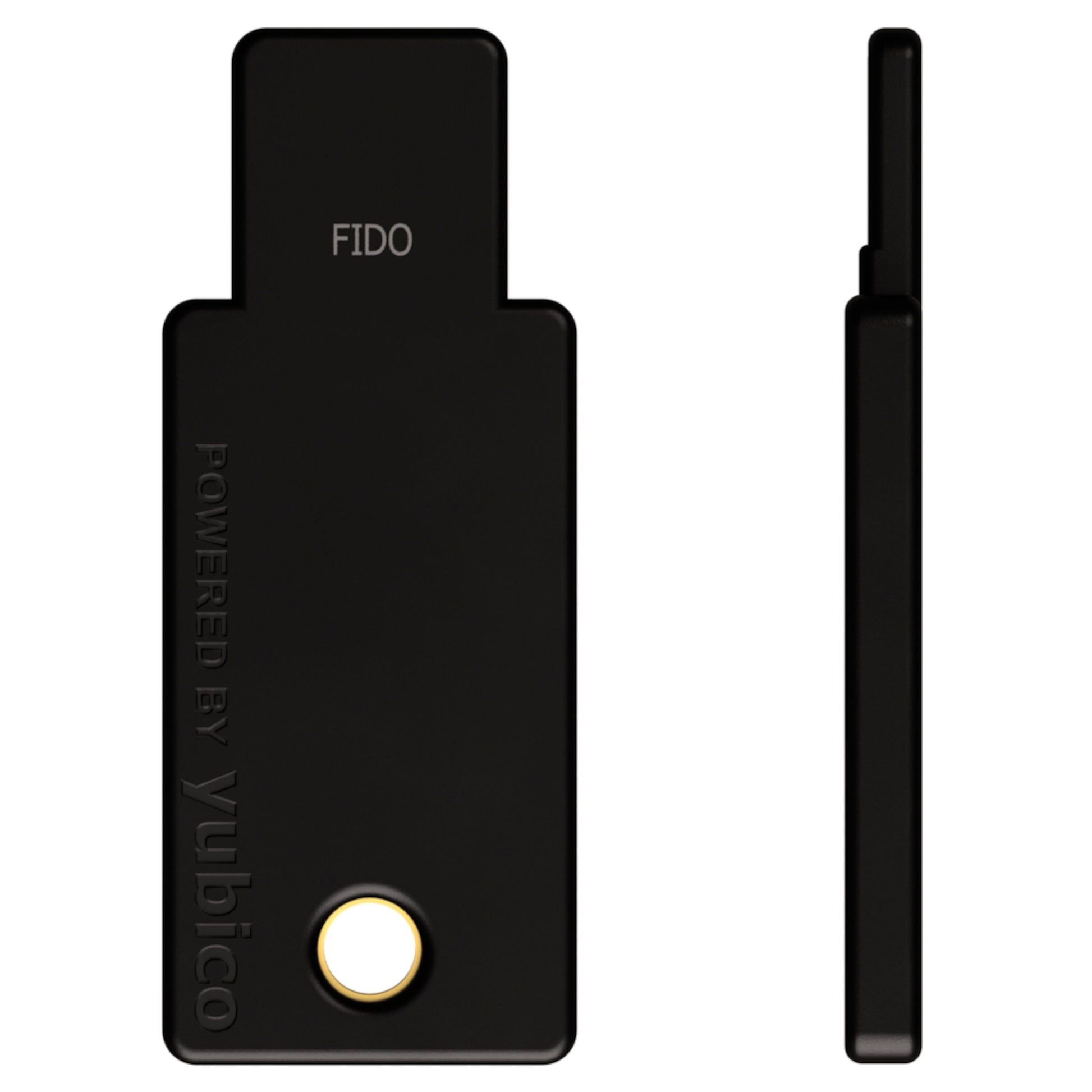 Yubico Sikkerhedsnøgle NFC USB-A sort, FIDO2, guldrandet cirkulær knap, vises forfra og fra siden.