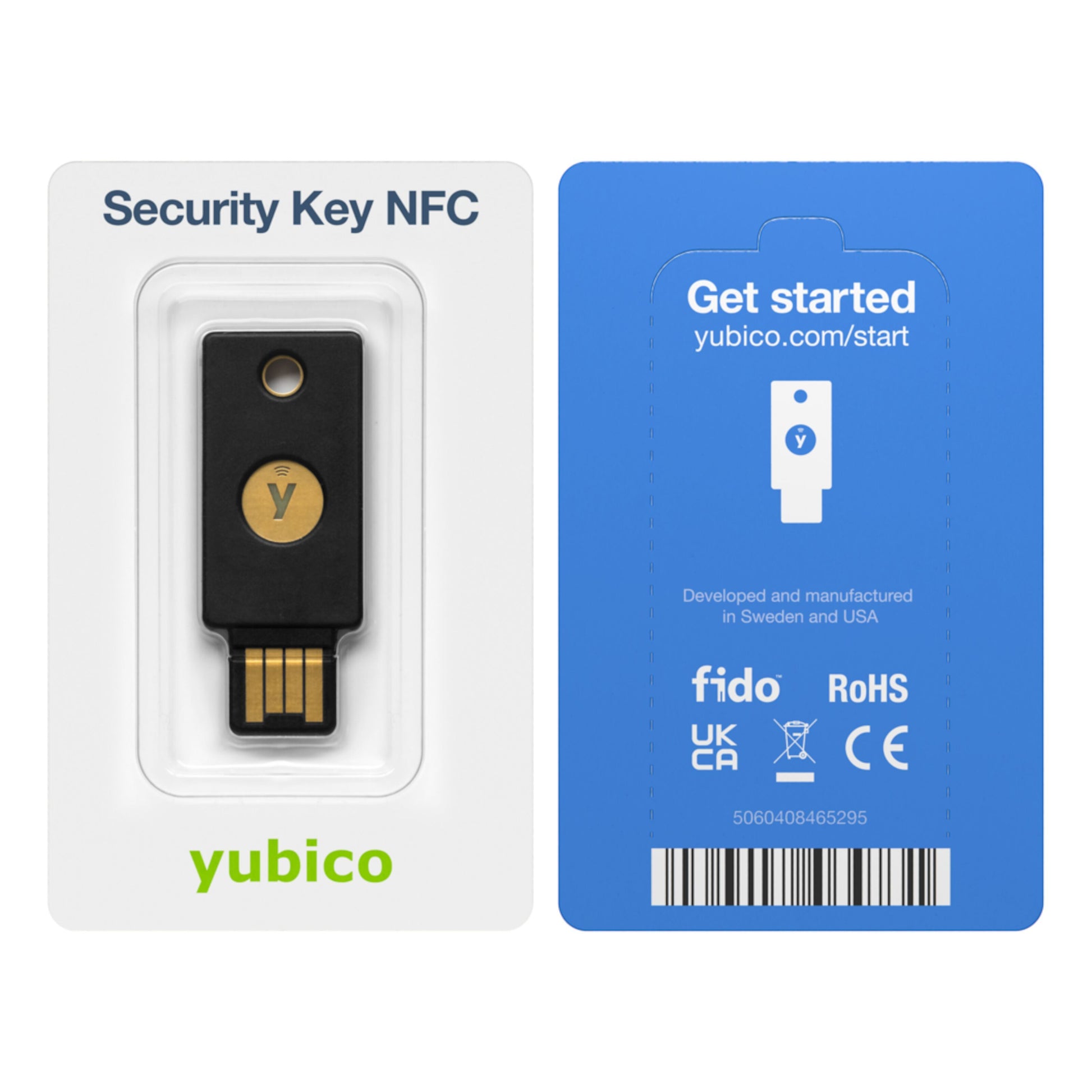 Yubico Sikkerhedsnøgle NFC USB-A sort med gyldent Y-logo, leveres i emballage med vejledning til yubico.com/start.