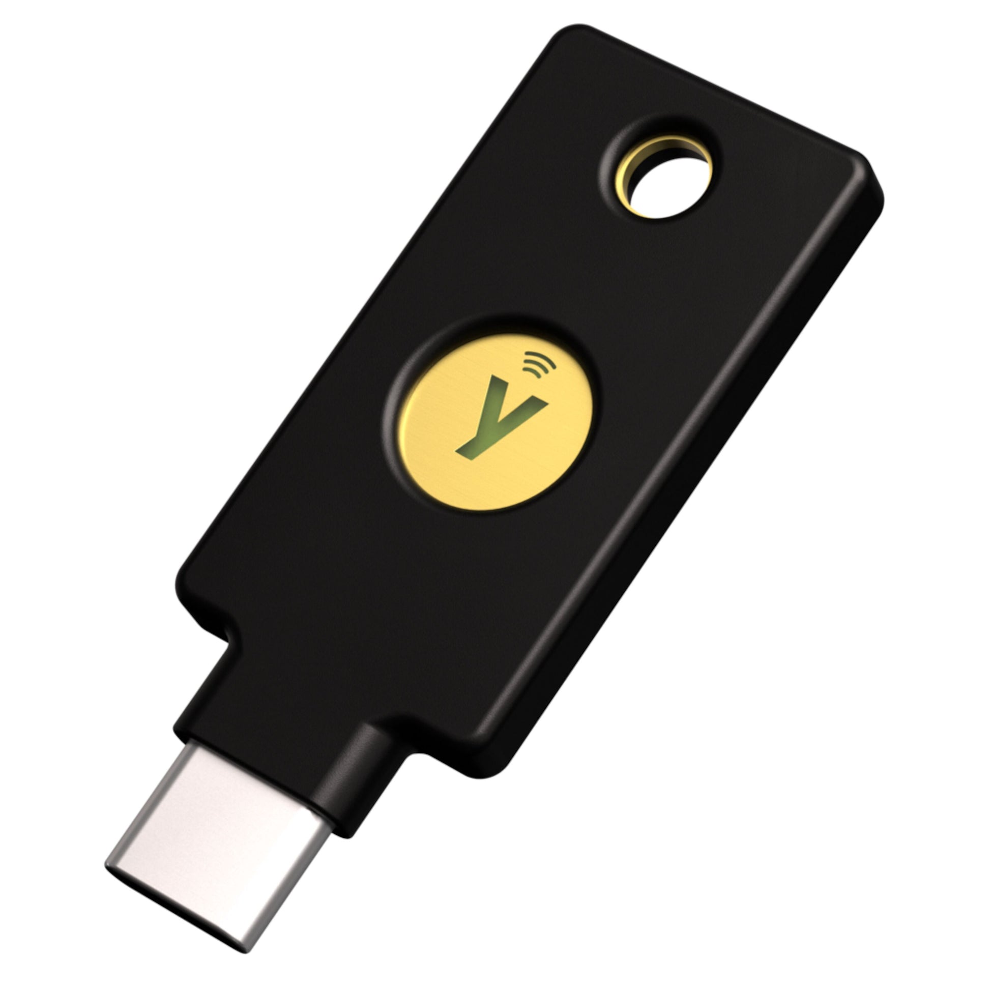 Yubico Sikkerhedsnøgle NFC USB-C sort, guld knap med grøn Y og wifi symbol, hardwarebaseret autentificering.