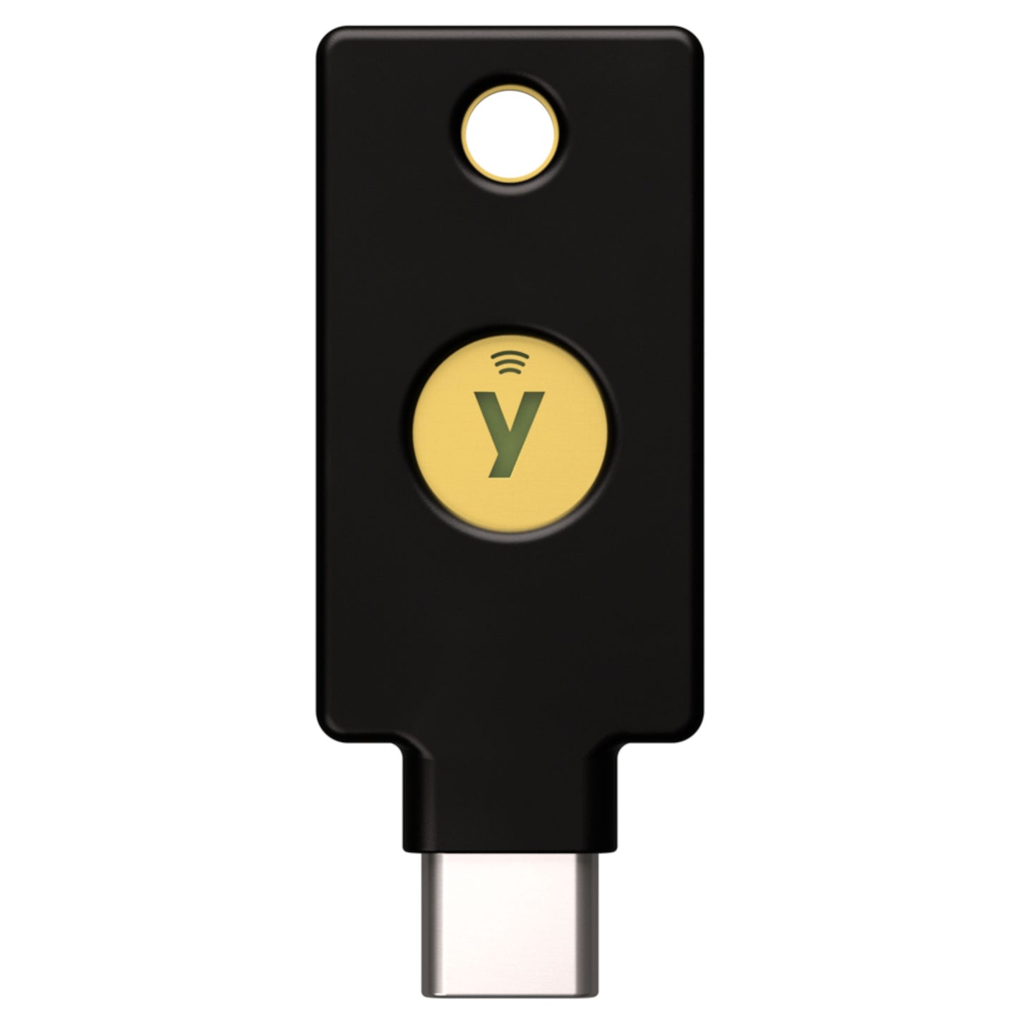 Yubico Sikkerhedsnøgle NFC USB-C sort hardwarebaseret nøgle gult Y-knap og USB-C NFC-stik nederst.
