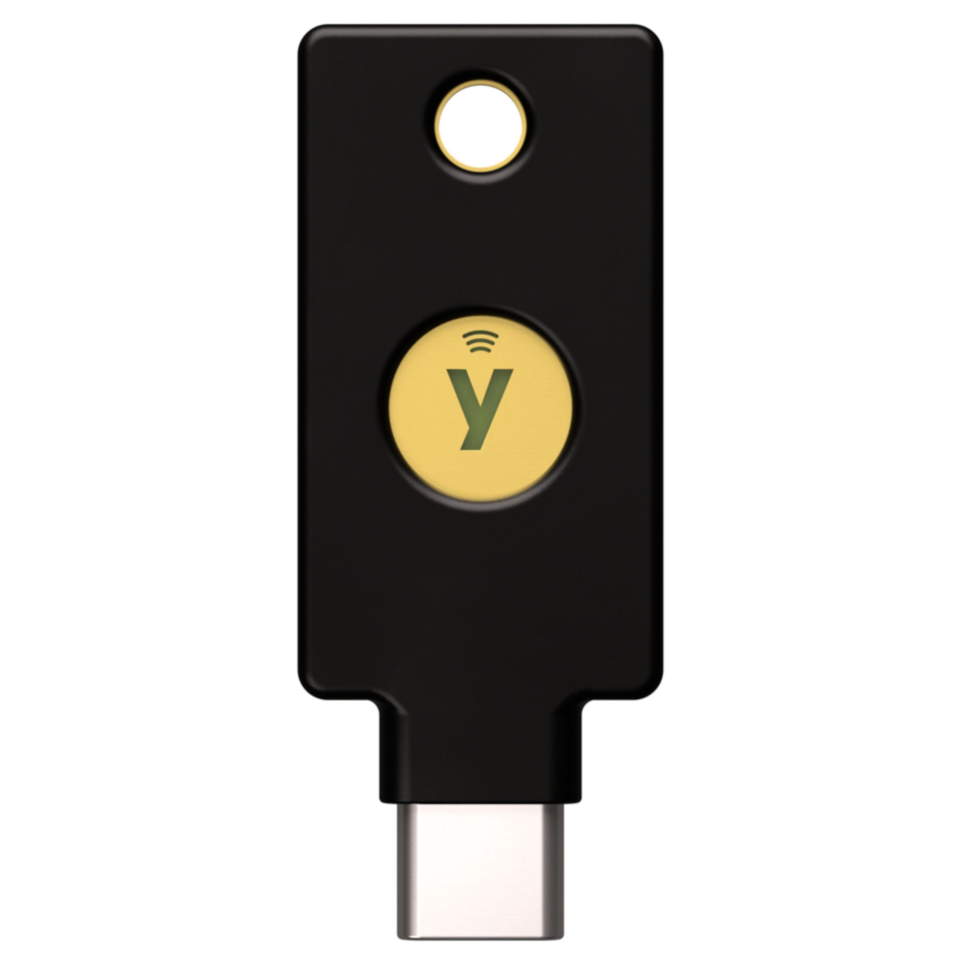 Yubico Sikkerhedsnøgle NFC USB-C sort hardwarebaseret nøgle gult Y-knap og USB-C NFC-stik nederst.