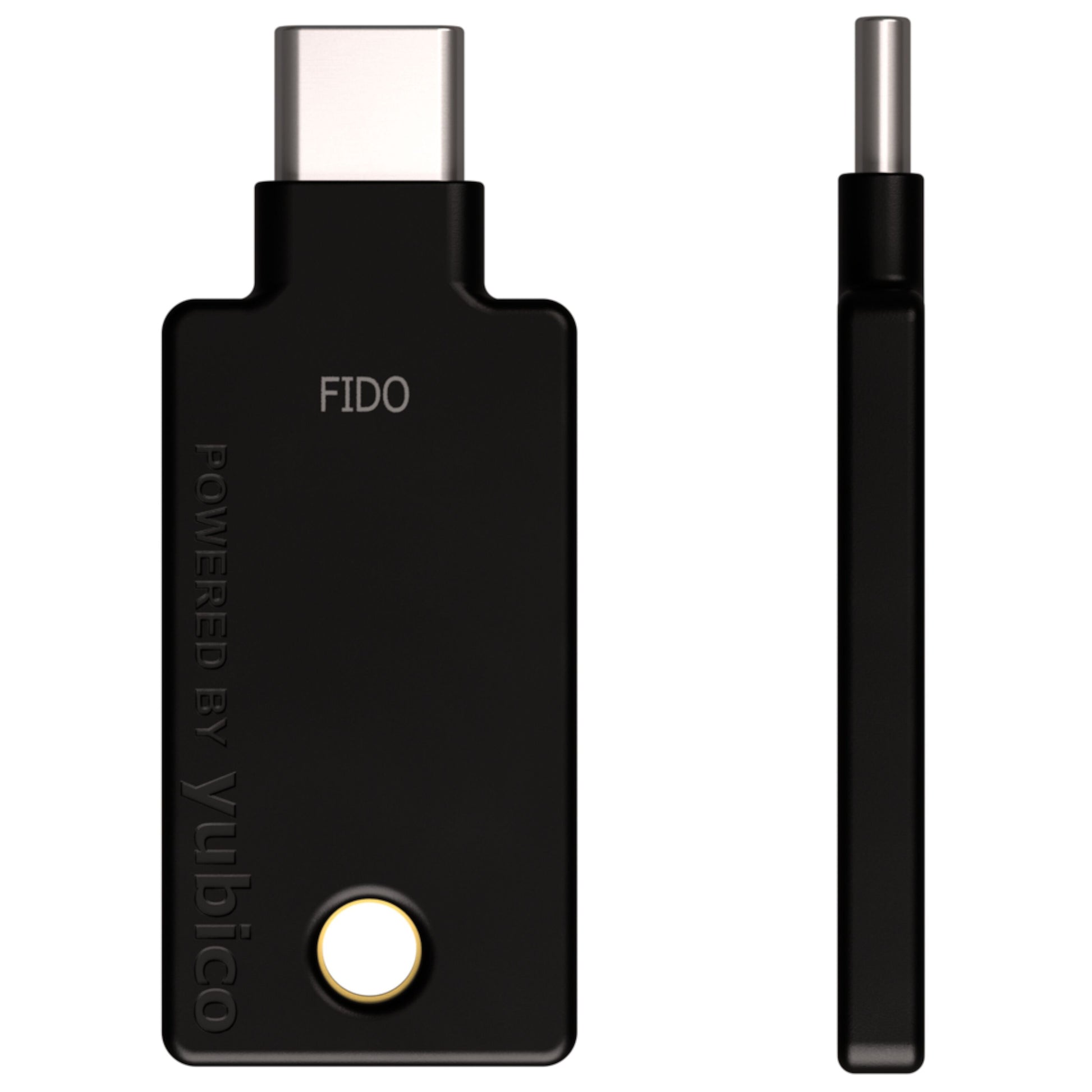 Yubico Sikkerhedsnøgle NFC USB-C sort, FIDO-logo, rund guldfarvet touchflade nederst, set forfra og fra siden.