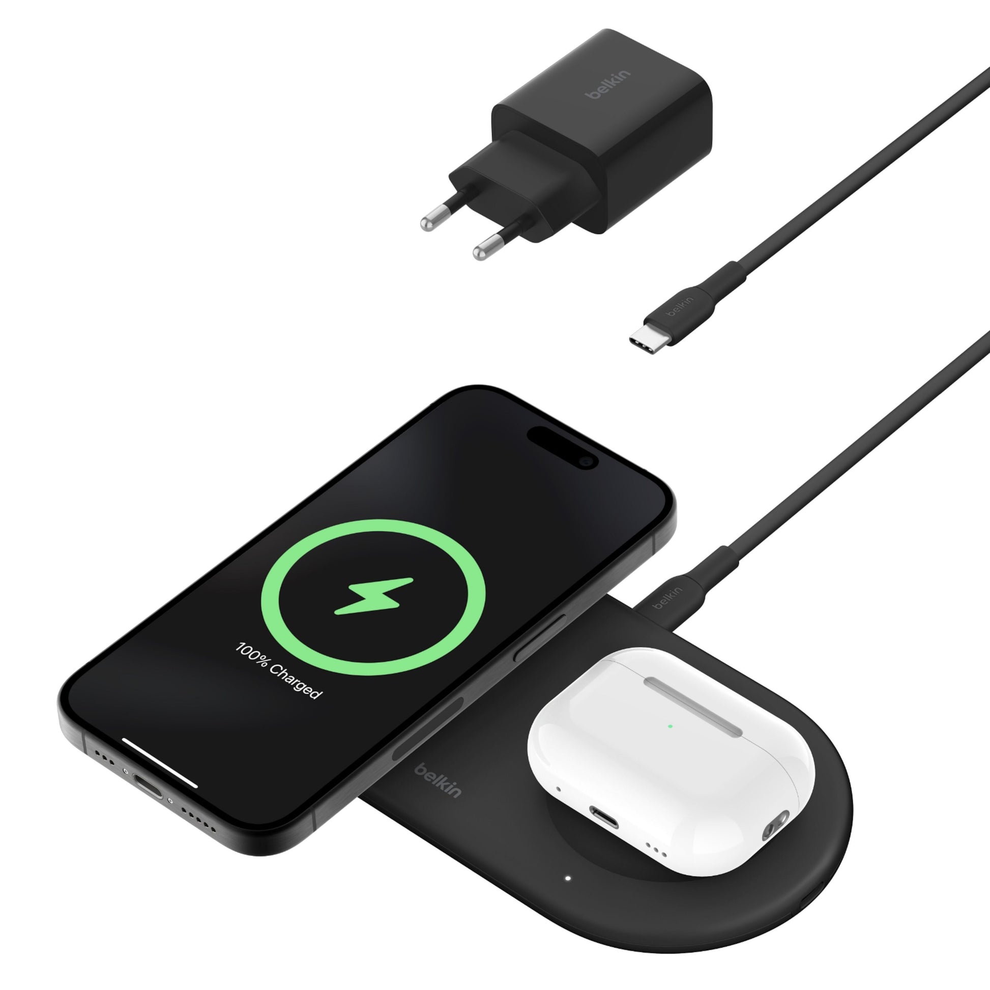 Belkin BoostCharge Pro 2-i-1 Qi2 15W sort trådløs oplader til smartphone og høretelefoner inkl USB-kabel, vægadapter.