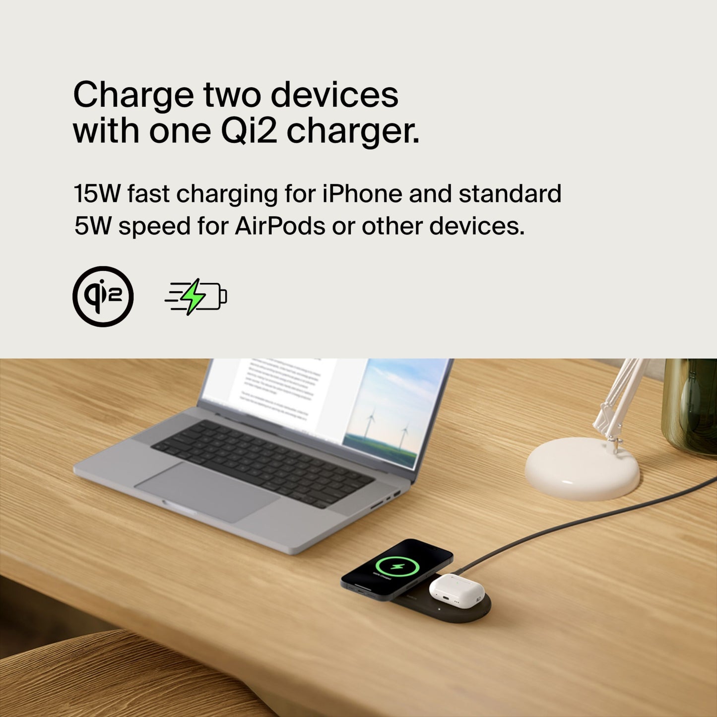Belkin BoostCharge Pro 2-i-1 Qi2 15W sorterer trådløse opladere til iPhone og AirPods, oplader begge enheder samtidig.
