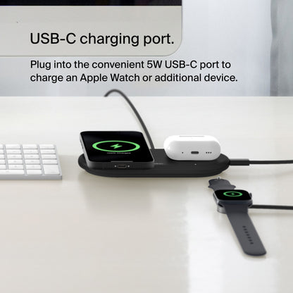 Belkin BoostCharge Pro 2-i-1 sort trådløs Qi2 15W oplader til iPhone, AirPods og Apple Watch via 5W USB-C-port.