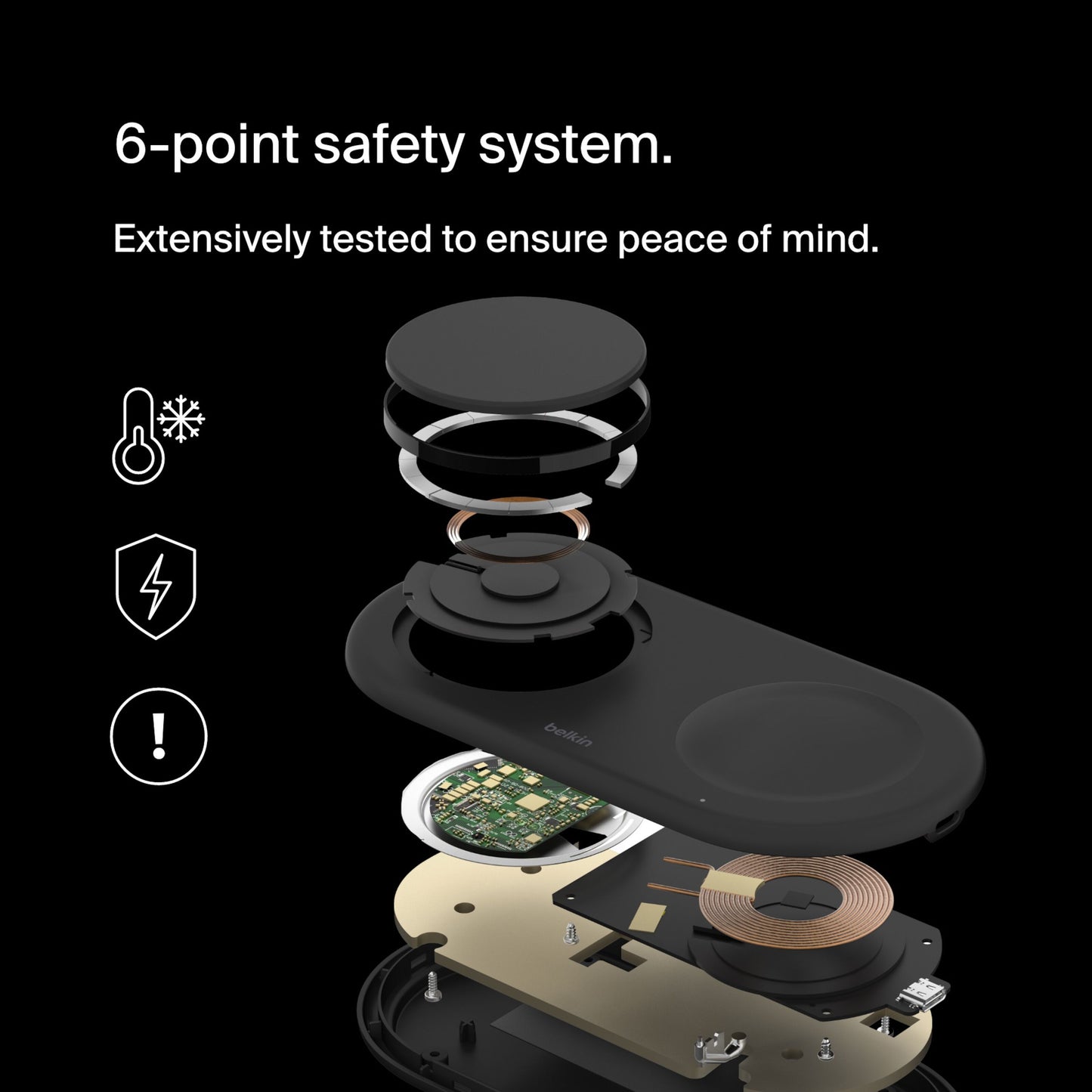 Belkin BoostCharge Pro 2-i-1 Qi2 15W sort, interne dele vises med ikoner for temperatur, el og advarsel, tekst: 6-punkts sikkerhedssystem.