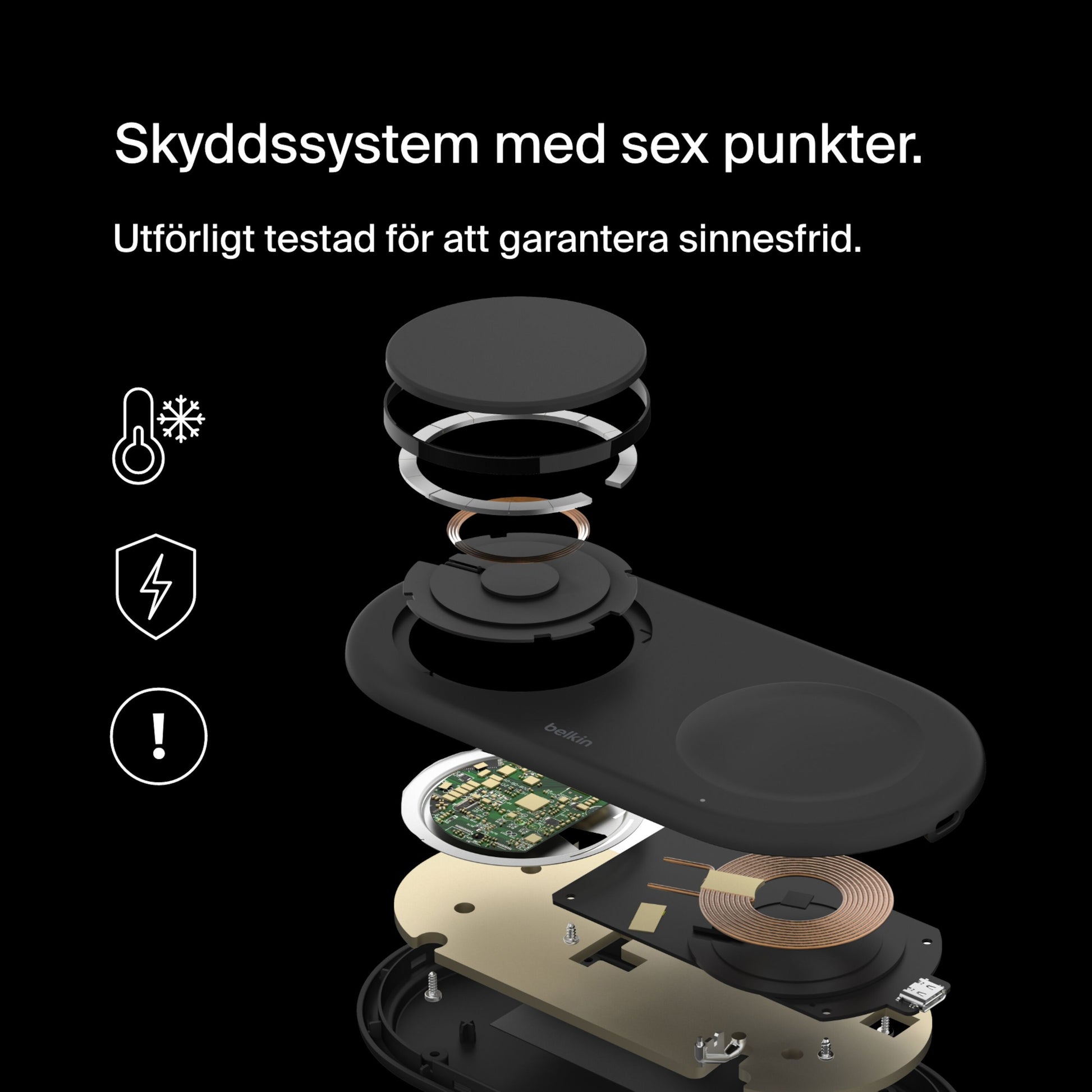 Belkin BoostCharge Pro 2-i-1 Qi2 15W Sort, eksploderet visning af dele, svensk tekst med seks-punkts sikkerhedssystem og ikoner.
