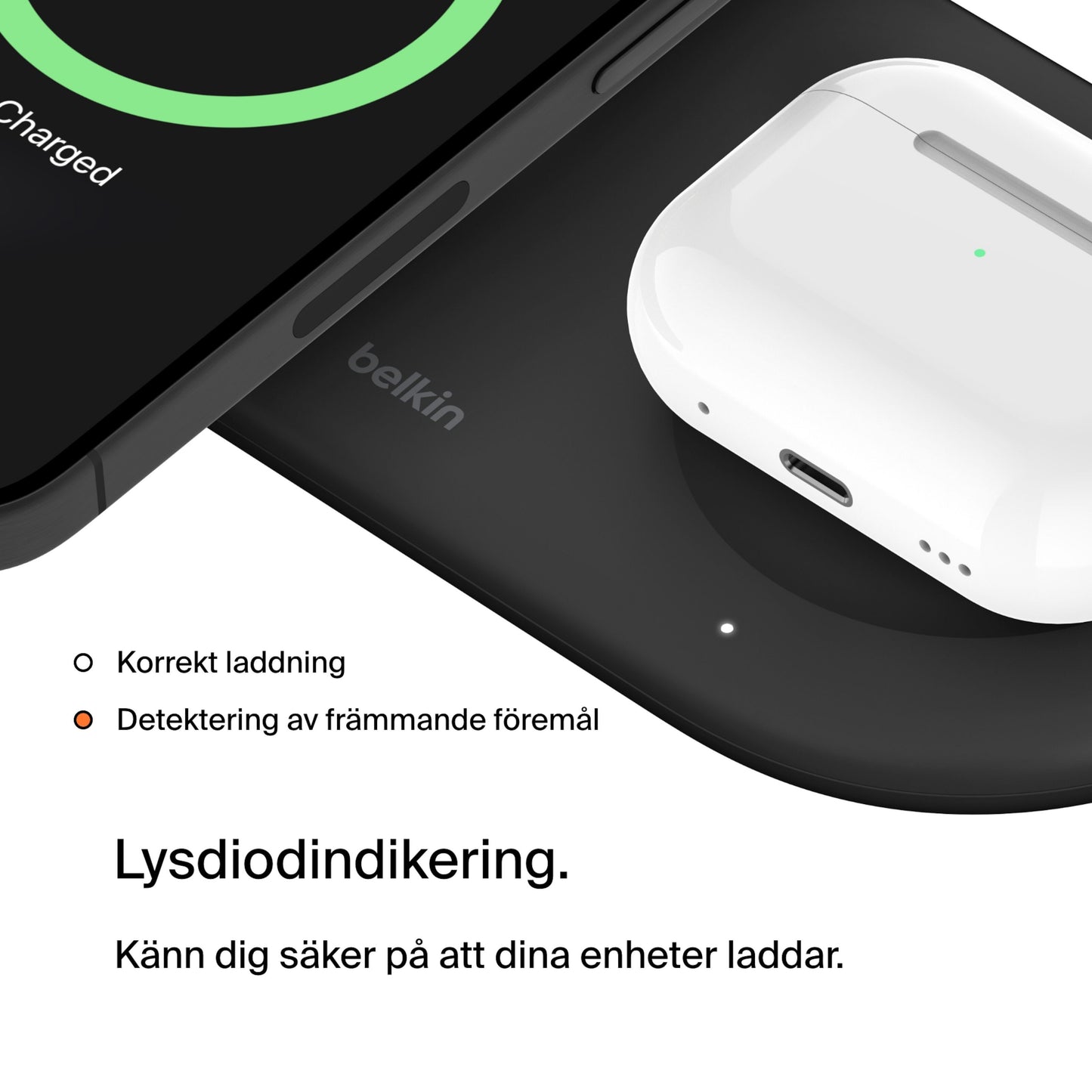 Belkin BoostCharge Pro 2-i-1 trådløs Qi2 oplader 15W sort til smartphone og øretelefonetui med svensk LED-guide.