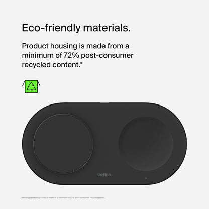Belkin BoostCharge Pro 2-i-1 Qi2 15 W trådløs oplader sort, hus af mindst 72 genanvendt materiale, grønt genbrugssymbol.