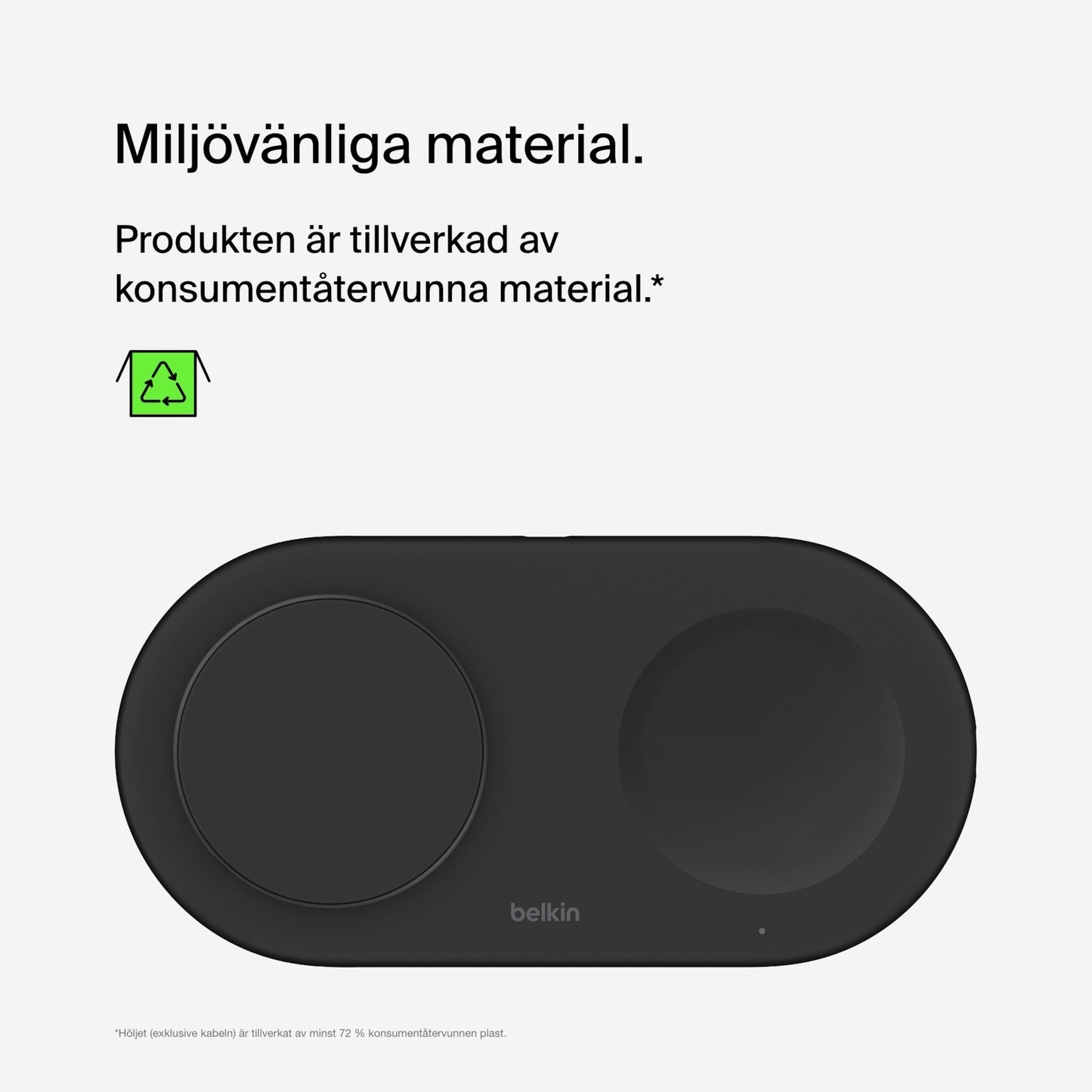 Belkin BoostCharge Pro 2-i-1 Qi2 15 W med svensk tekst om genanvendte materialer og miljøikon, oplader flere enheder.
