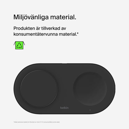 Belkin BoostCharge Pro 2-i-1 Qi2 15 W med svensk tekst om genanvendte materialer og miljøikon, oplader flere enheder.