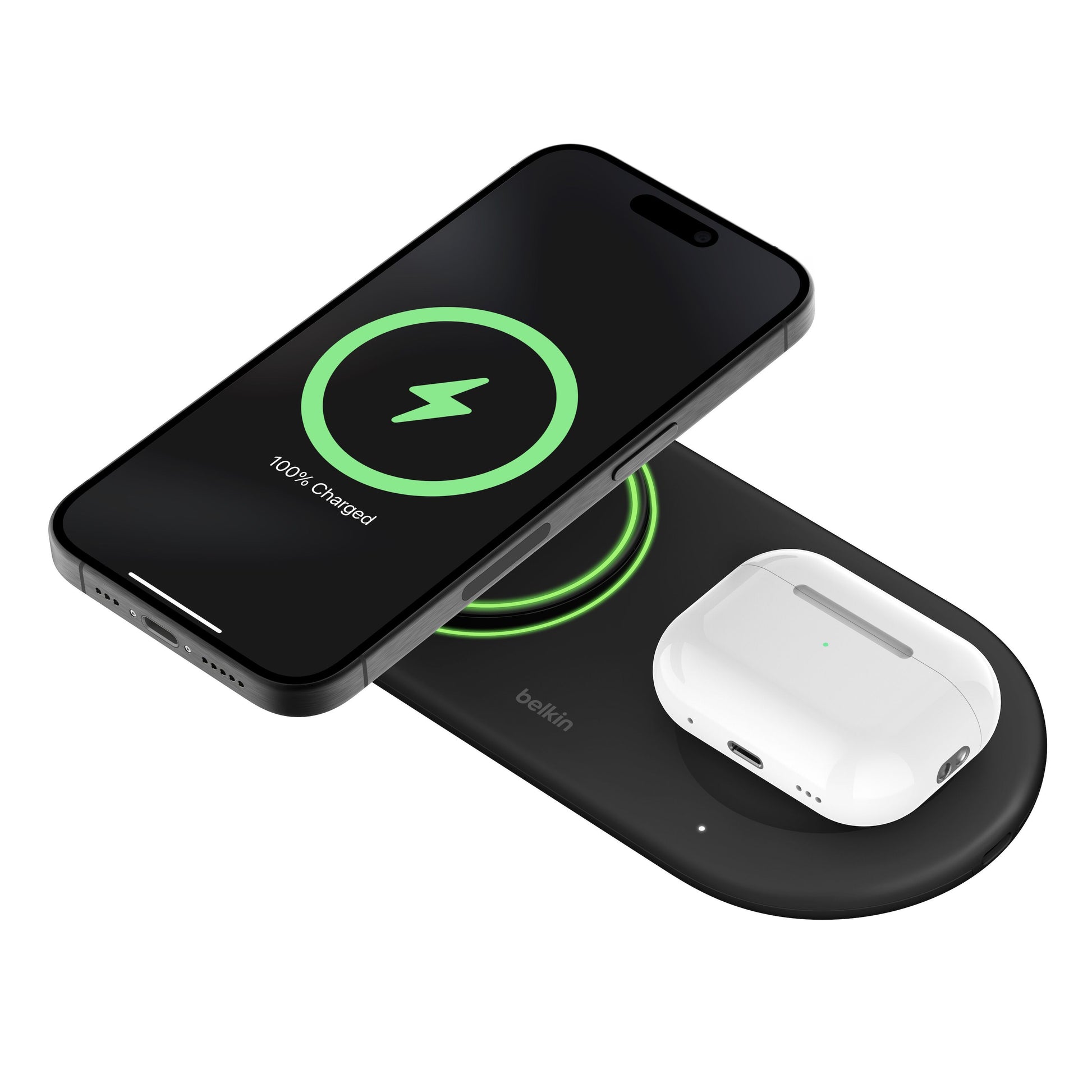 Belkin BoostCharge Pro 2-i-1 Qi2 15 W sort oplader smartphone og hvide trådløse ørepropper samtidig, to spots, lysringe.