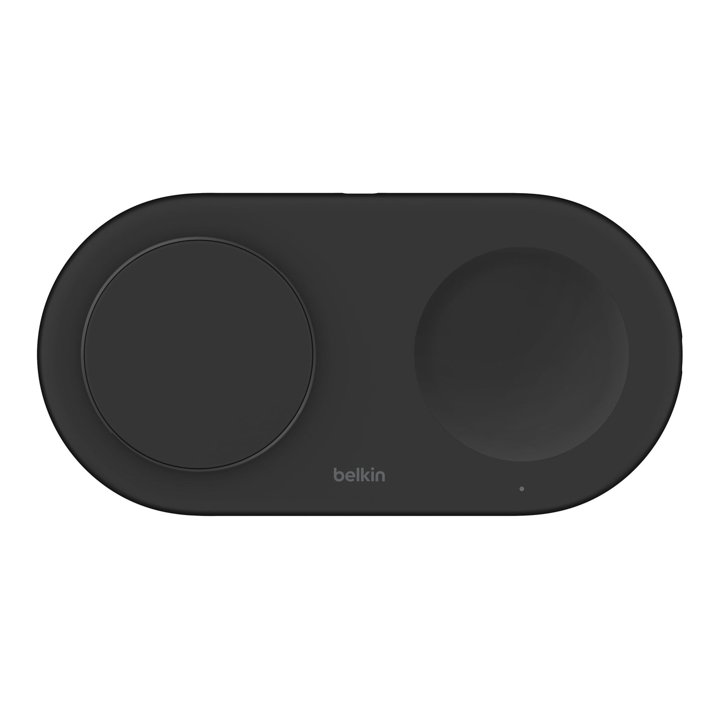 Belkin BoostCharge Pro 2-i-1 Qi2 15 W sort med to cirkulære opladeområder og Belkin-logo i midten under fladerne.