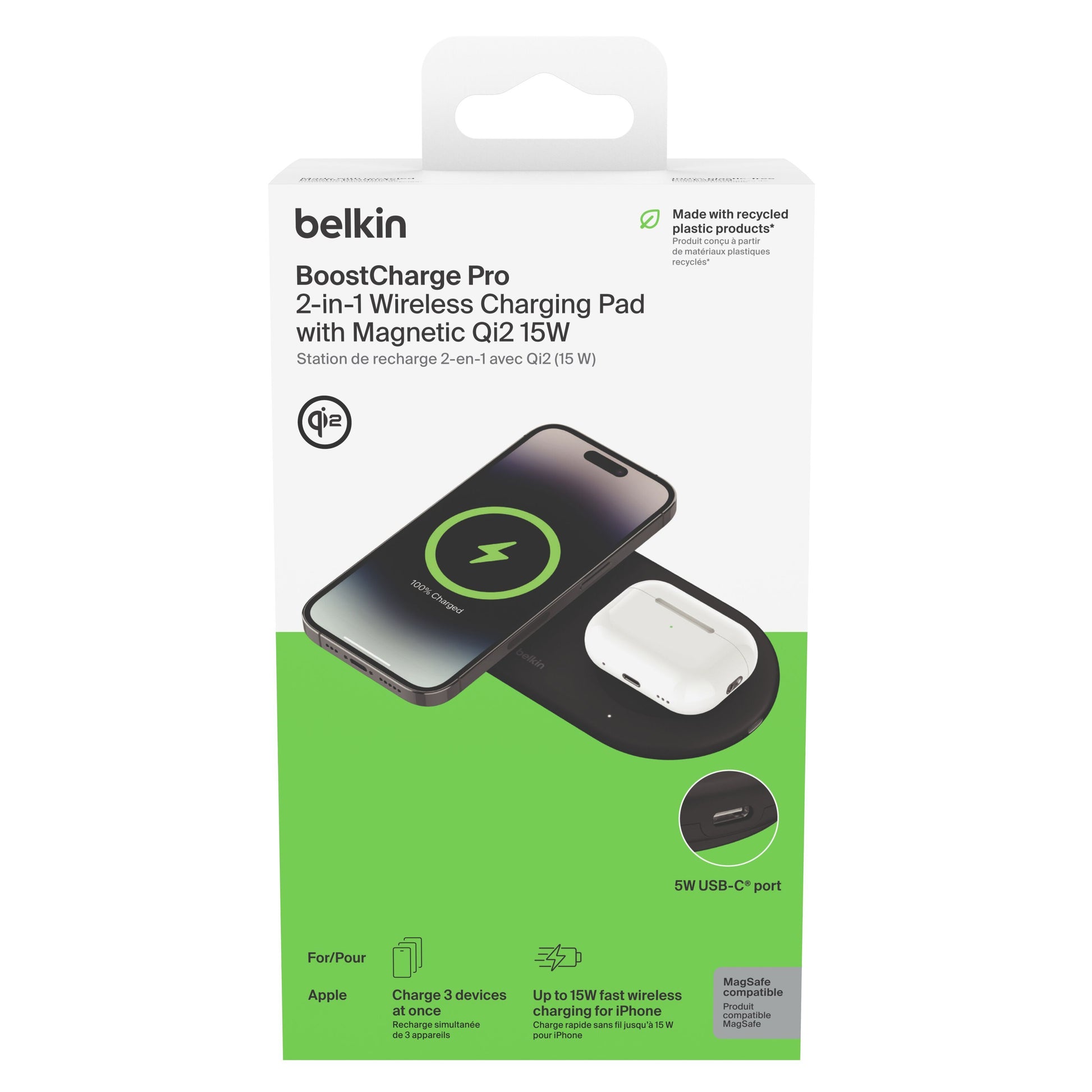 Belkin BoostCharge Pro 2-i-1 sort, Qi2 15W trådløs oplader med plads til smartphone og øretelefoner, ekstra USB-C port.