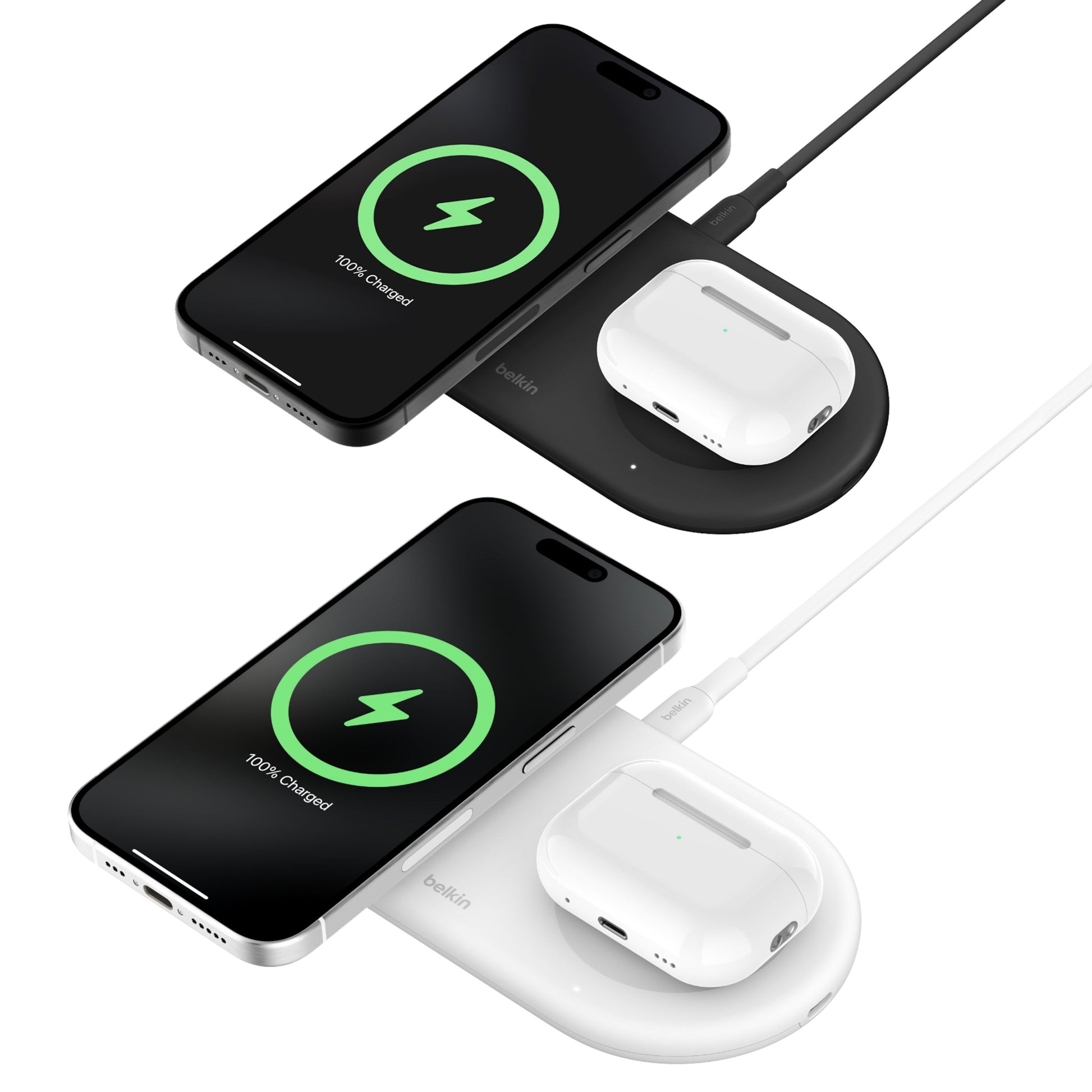 Belkin BoostCharge Pro 2-i-1 Qi2 15 W sort trådløs oplader med to pads til smartphone og earbud-etui.
