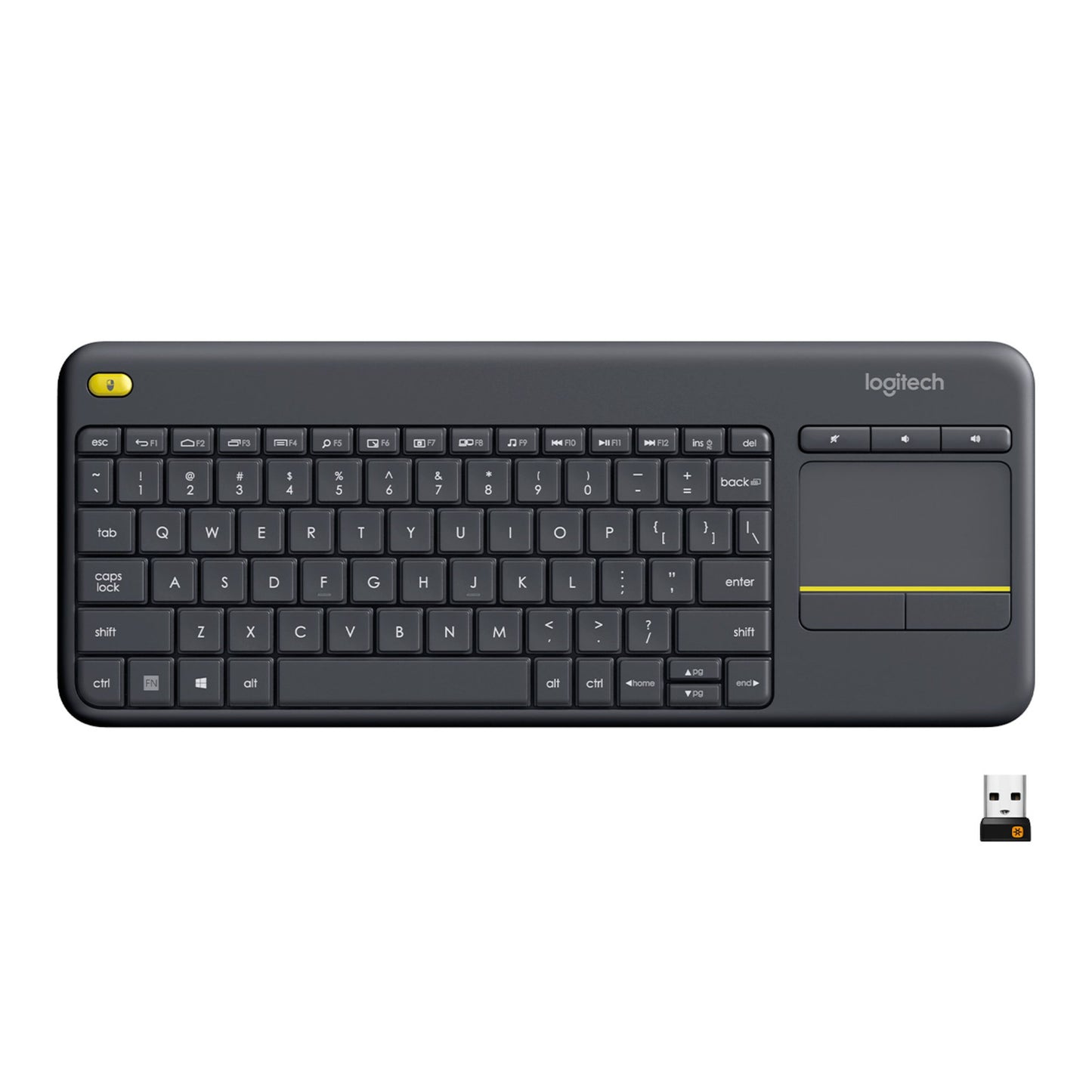 Logitech K400 Plus sort trådløst tastatur med højre touchpad, kompakt layout, gul knap i øverste venstre hjørne, USB-modtager.