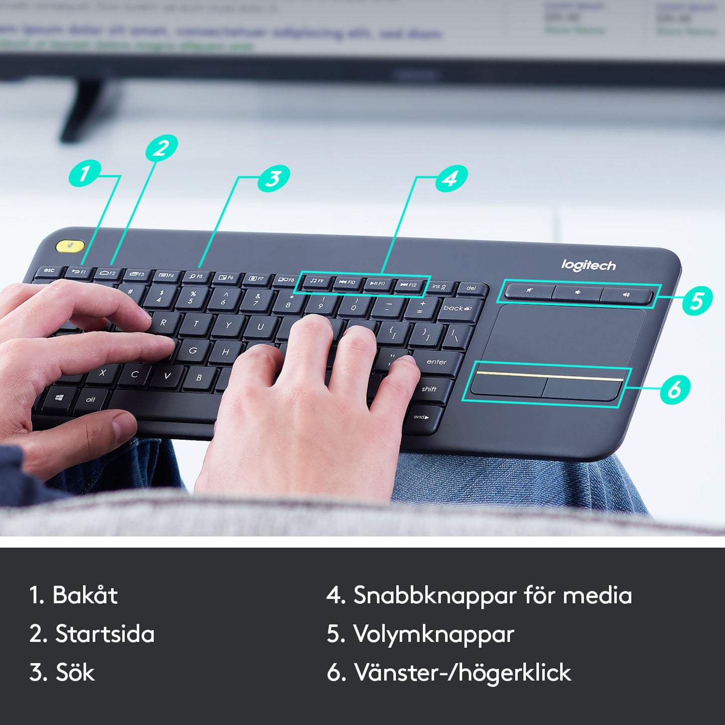 Logitech K400 Plus trådløst tastatur med touchpad, svenske taster og markerede genvejstaster til medier og lydstyrke.