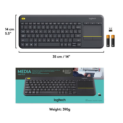 Logitech K400 Plus trådløst tastatur med touchpad, USB-modtager, batterier, kompakt 35x14cm, 390g, original emballage.