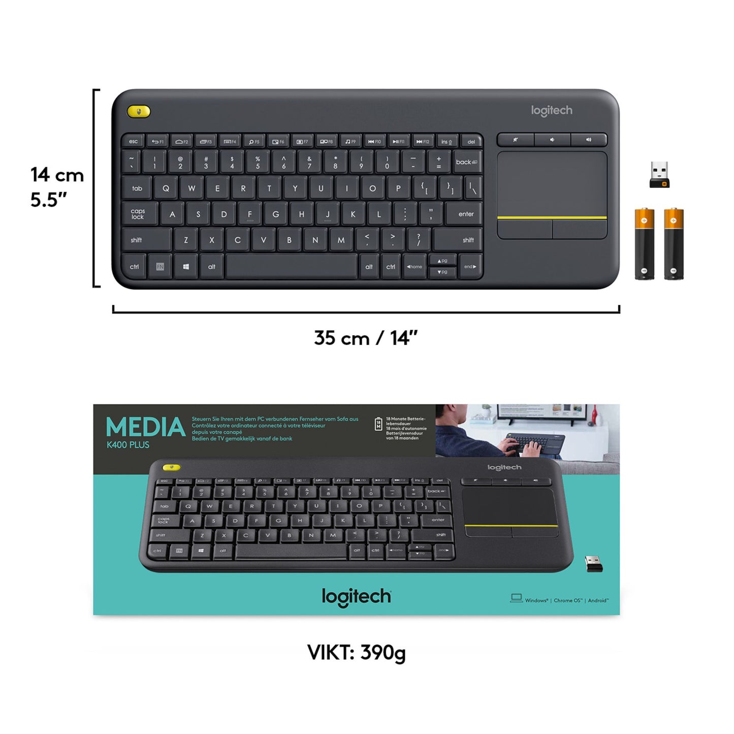 Logitech K400 Plus trådløst tastatur med touchpad, USB-modtager og batterier, 35x14 cm, 390g samt original emballage.
