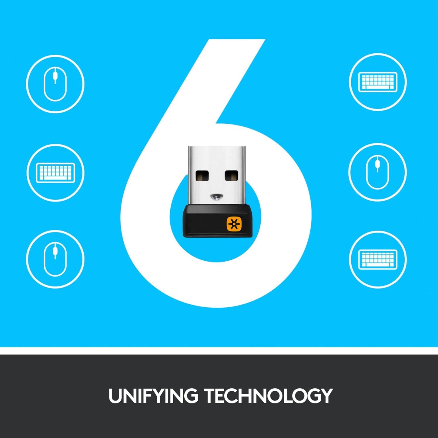 Logitech Unifying USB-modtager, op til 6 enheder fx K400 Plus tastatur med touchpad, blå baggrund, Unifying Technology-tekst.