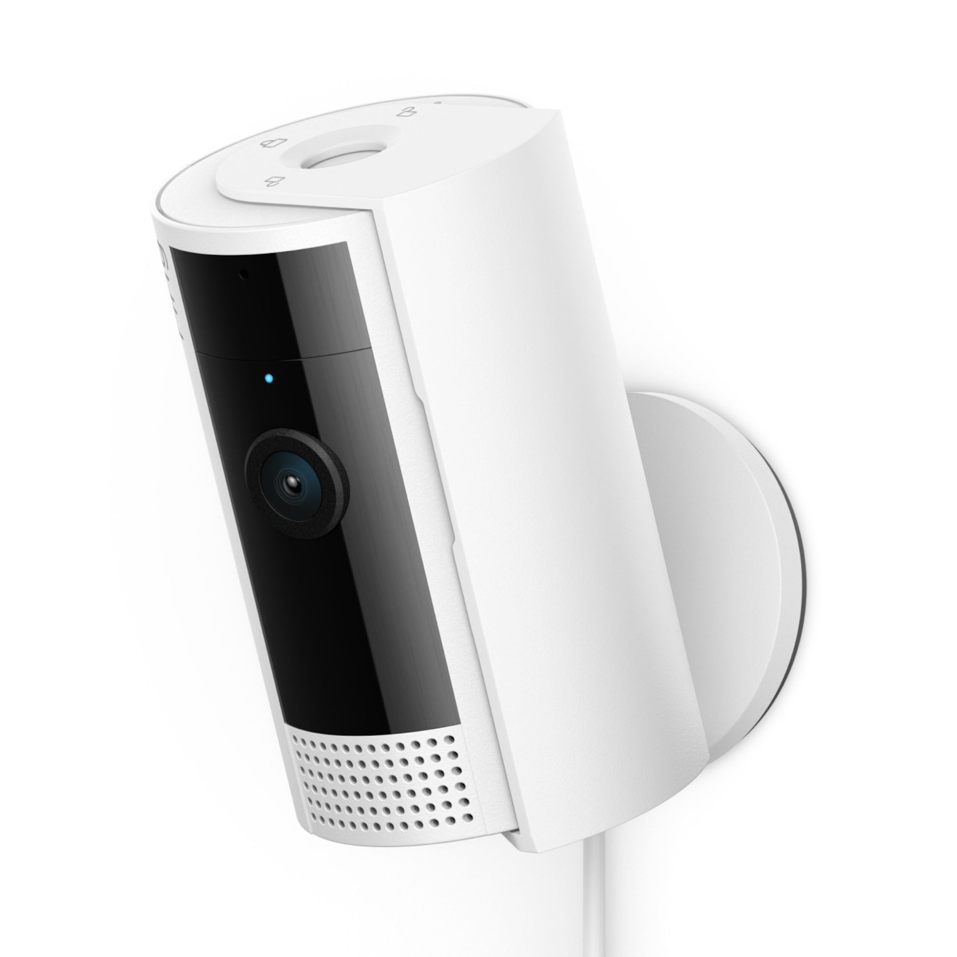 Ring Indendørs kamera Gen. 2 hvid med sort front, rund linse, LED-indikator, højttalergitter og synlig strømledning.