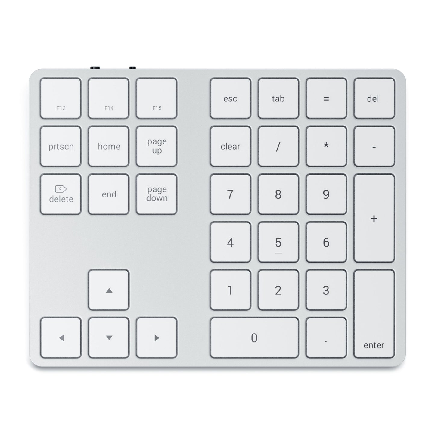 Satechi Trådløs Numpad Sølv med numeriske taster, piletaster, funktionsknapper, Esc, Tab, Delete og Bluetooth.