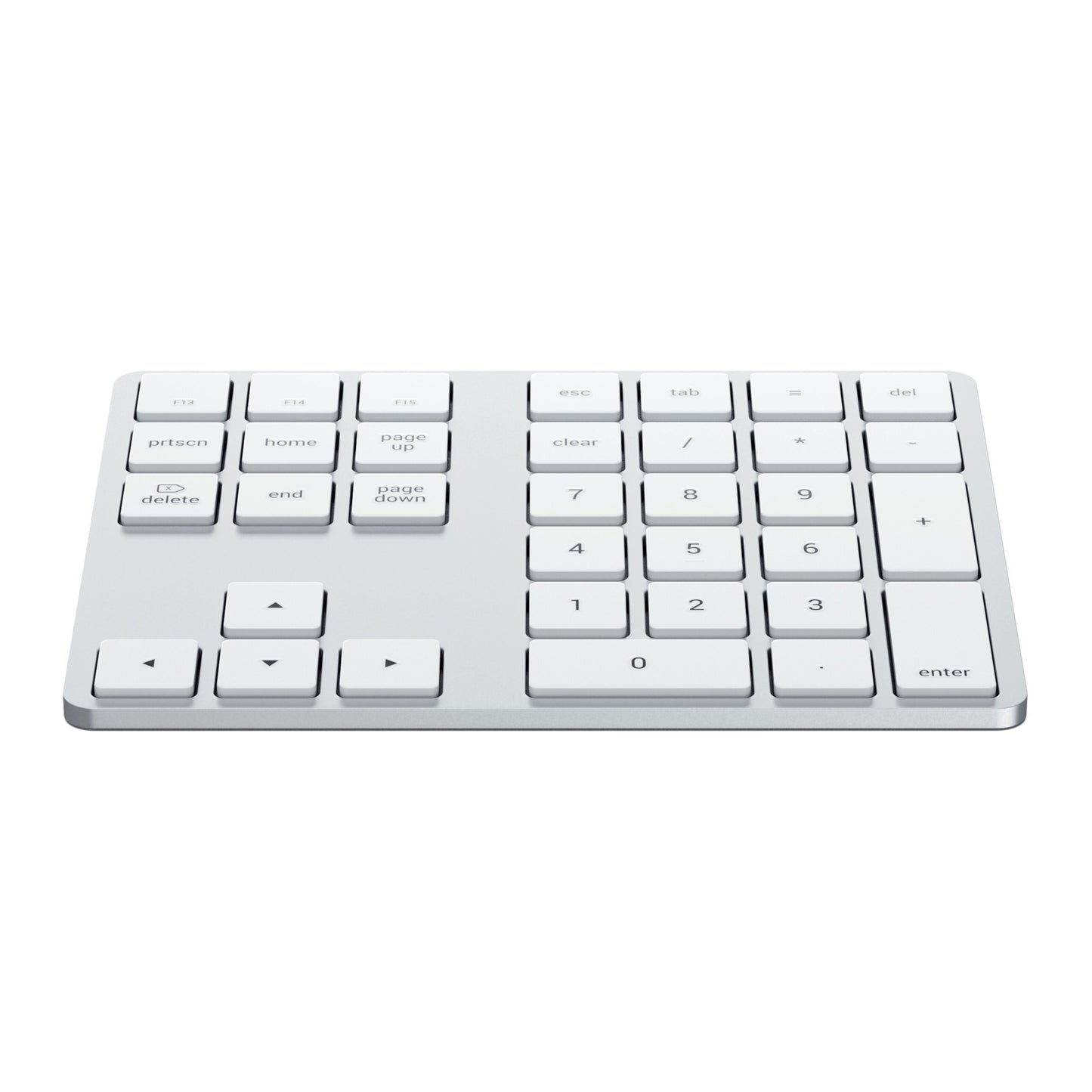 Satechi Trådløs Numpad Sølv, kompakt Bluetooth-tastatur med hvid taster, sølvbase, tal, operatorer og navigation.