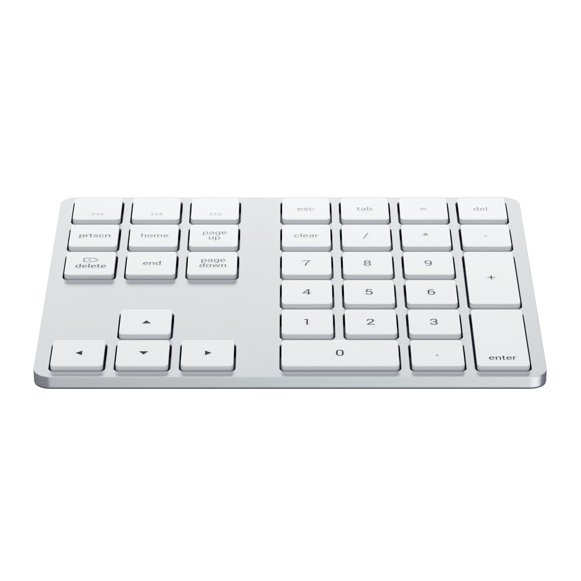 Satechi Trådløs Numpad Sølv, kompakt Bluetooth-tastatur med hvid taster, sølvbase, tal, operatorer og navigation.