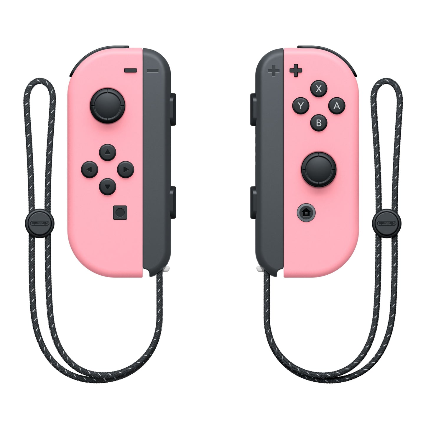 Nintendo Joy-Con par i lyserød med sorte knapper og håndledsrem, venstre med D-pad, højre med actionknapper.