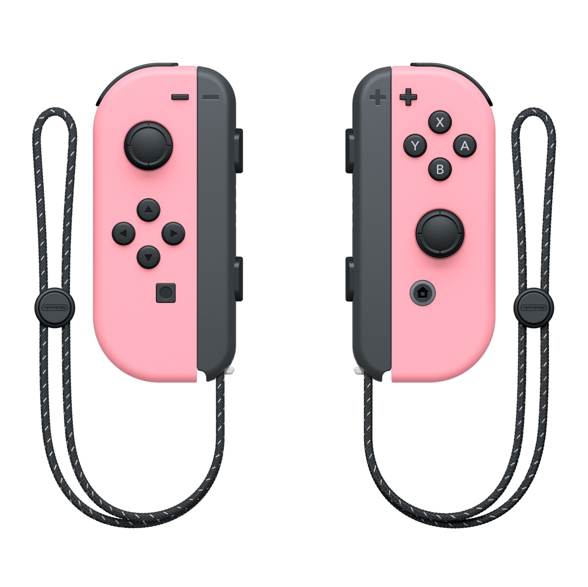 Nintendo Joy-Con par i lyserød med sorte knapper og håndledsrem, venstre med D-pad, højre med actionknapper.