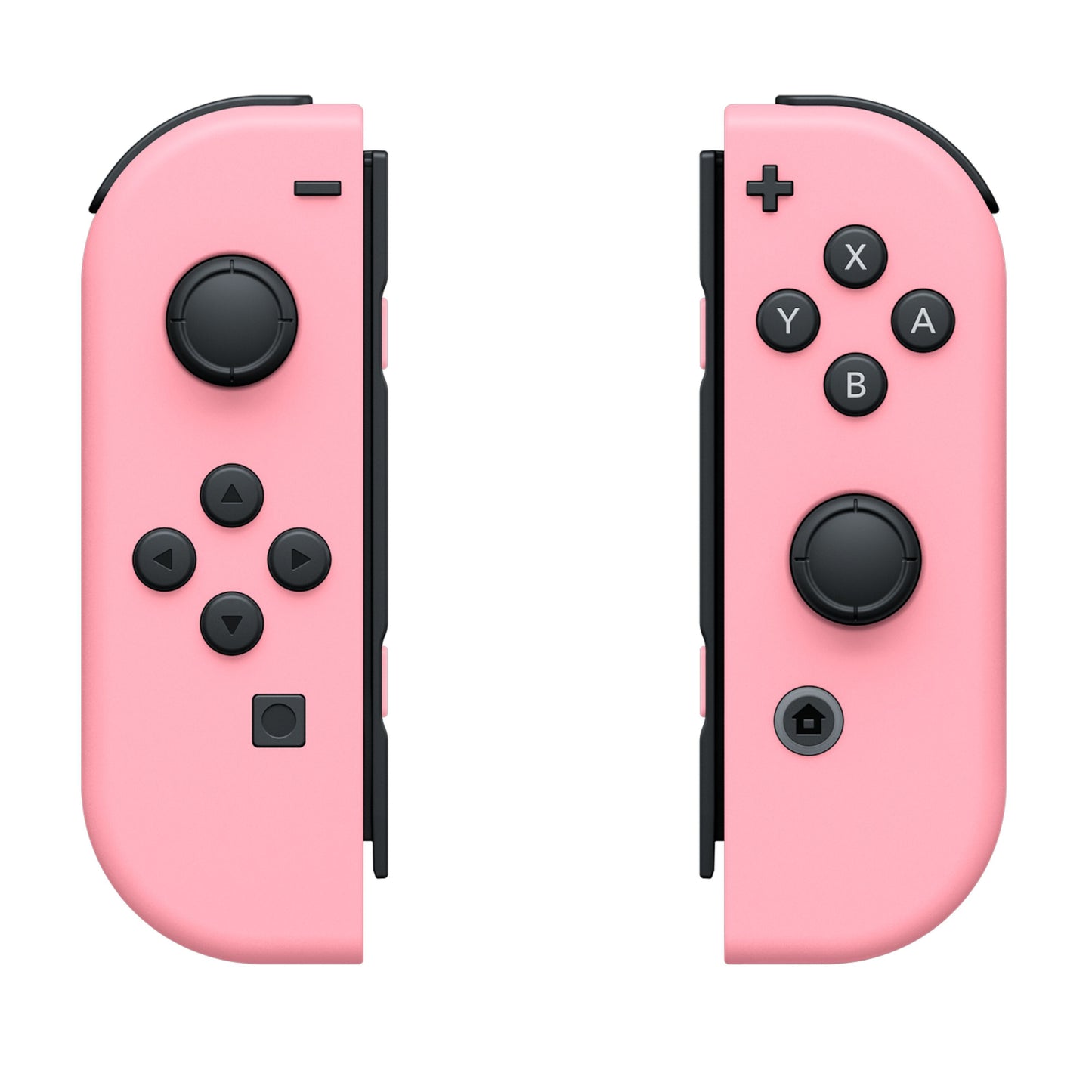 Nintendo Joy-Con par i lyserød, venstre og højre controller med sorte knapper og analoge pinde.