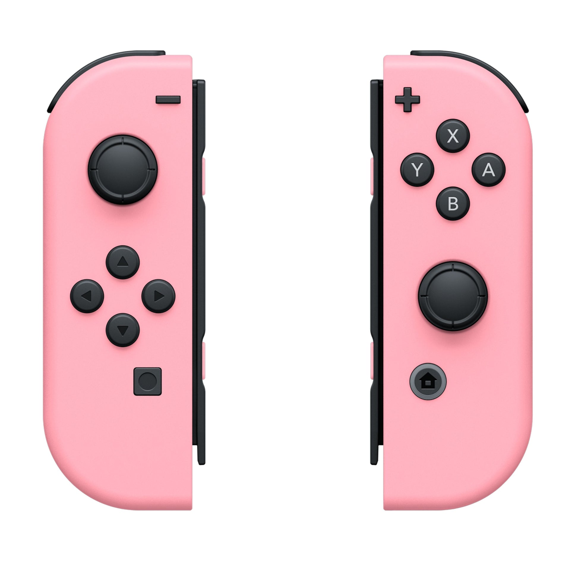 Nintendo Joy-Con par i lyserød, venstre og højre controller med sorte knapper og analoge pinde.