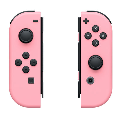 Nintendo Joy-Con par i lyserød, venstre og højre controller med sorte knapper og analoge pinde.