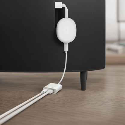 Chromecast med Google TV tilsluttet bag sort TV-møbel, USB-strømkabel til adapter, Gigabit-netværkskort USB-C PD vises.