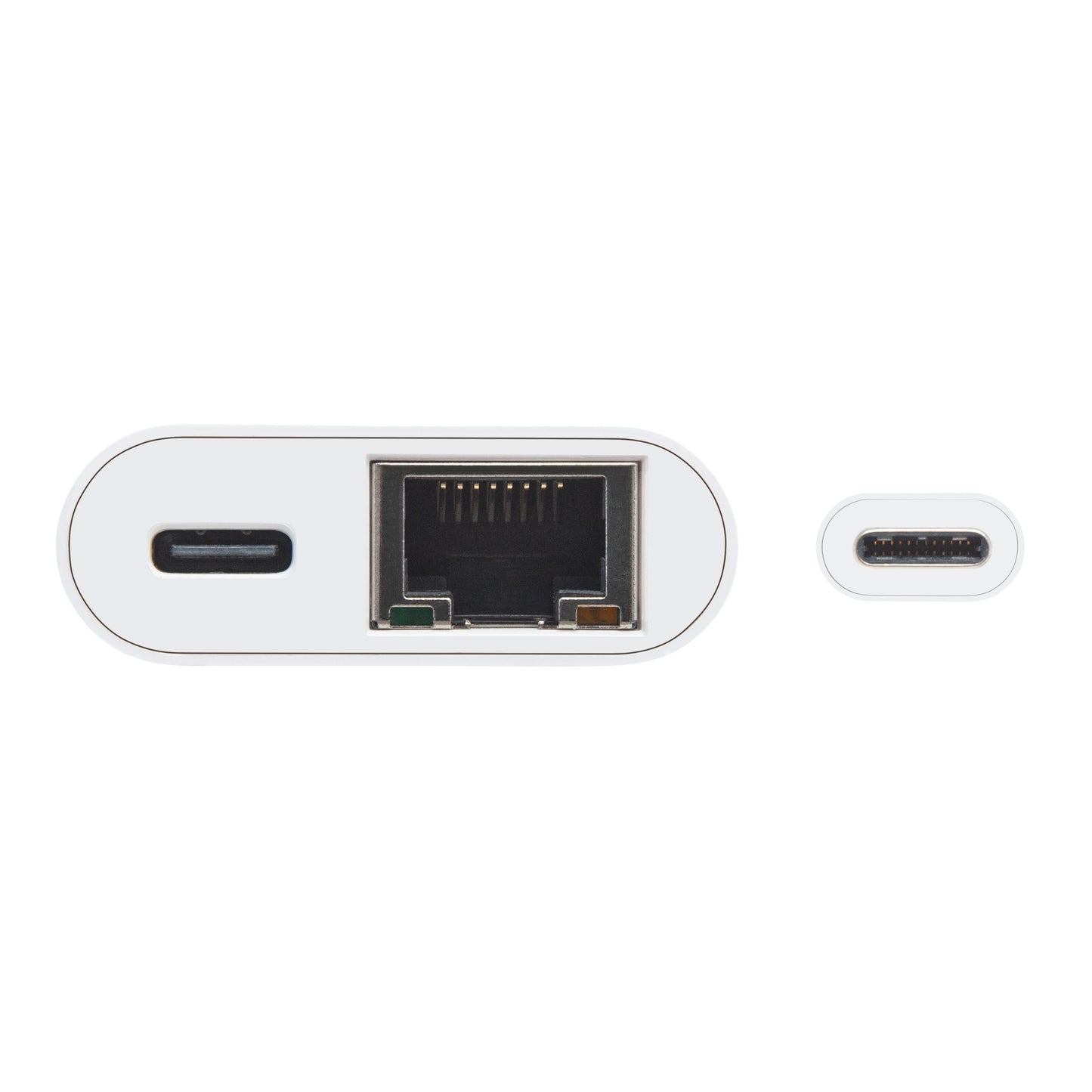 Plexgear Gigabit netværkskort med PD-opladning USB-C, til USB-C port og en Gigabit Ethernet port i vandret række.