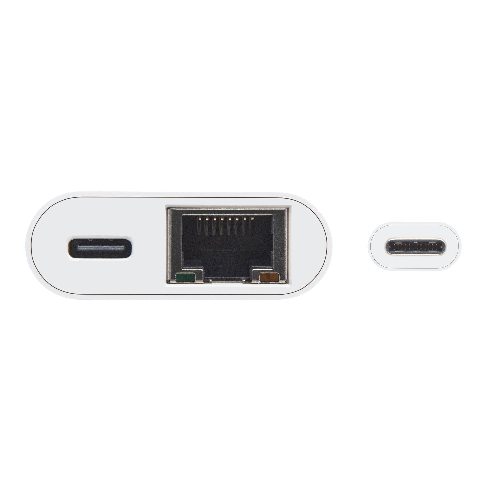 Plexgear Gigabit netværkskort med PD-opladning USB-C, til USB-C port og en Gigabit Ethernet port i vandret række.