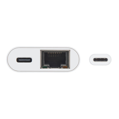 Plexgear Gigabit netværkskort med PD-opladning USB-C, til USB-C port og en Gigabit Ethernet port i vandret række.