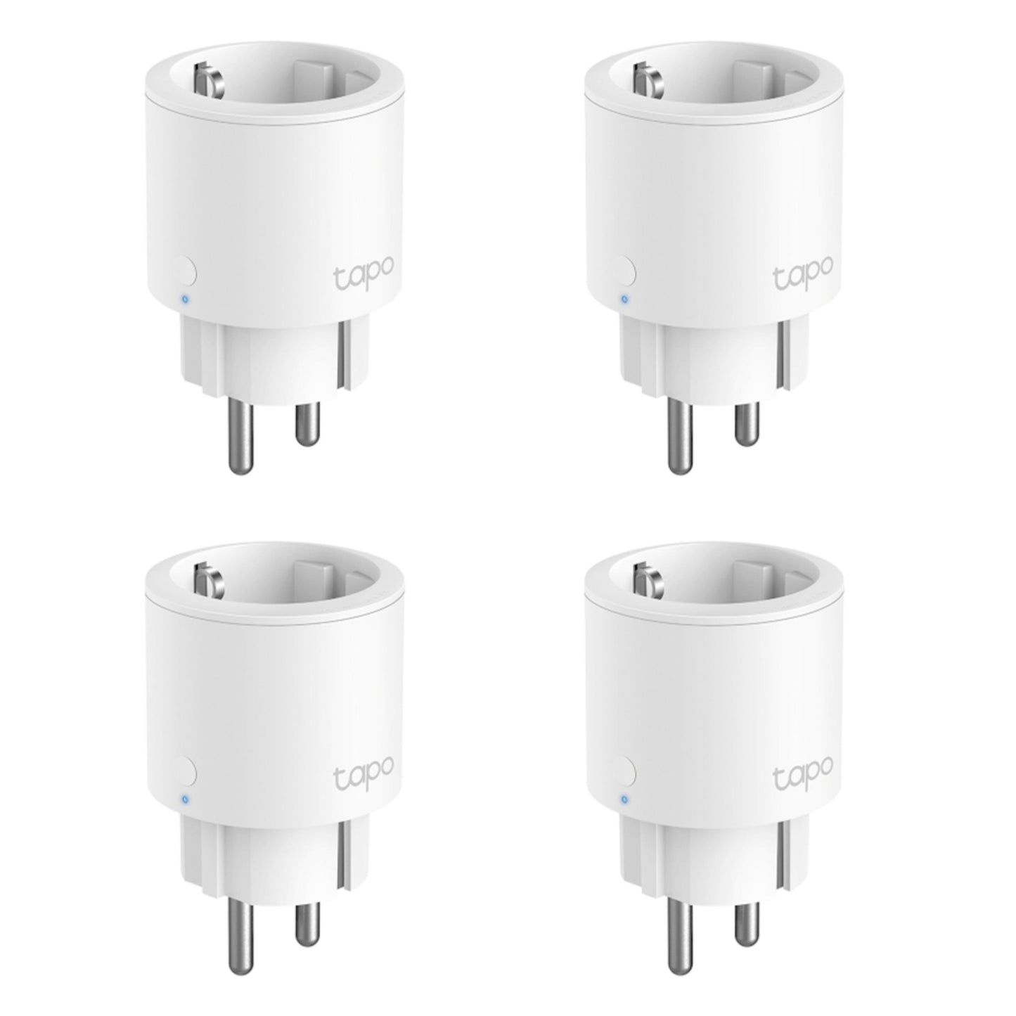 TP-Link Tapo P115 Smart Wifi-fjernstrømsafbryder 4-pak, energimåling, to runde ben hver, arrangeret i 2x2 gitter.